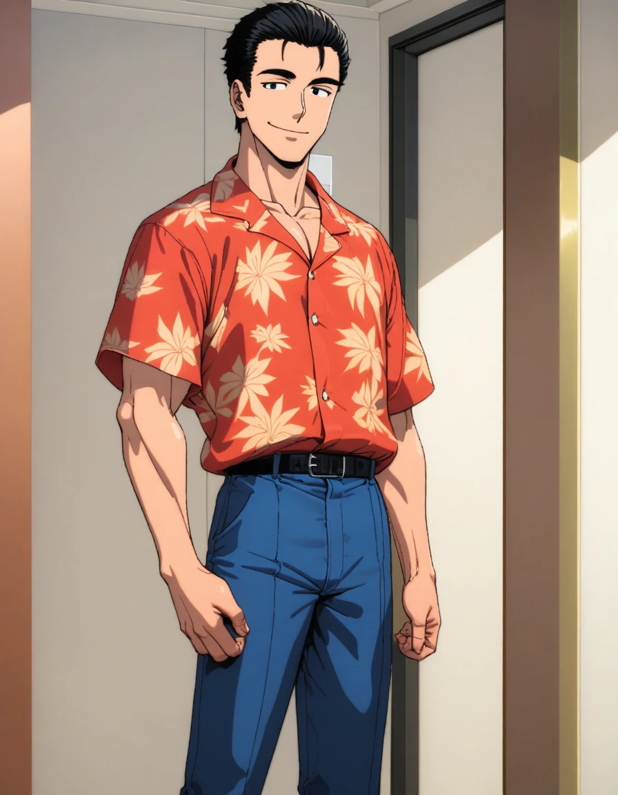 1man, reportage writer, masculine uncle, 35yo, muscular, black hair, short hair, little bangs, forehead, oval shaped, friendly, loose mature, charming sanpaku, black eyes, ordinary, dandy, soft chinpira, ugly, solo, upperlegs, red aloha shirt, charming smile, standing, 1990s, visual novel, extreme all detailed, 8k, sharp vision, masterpiece, best quality