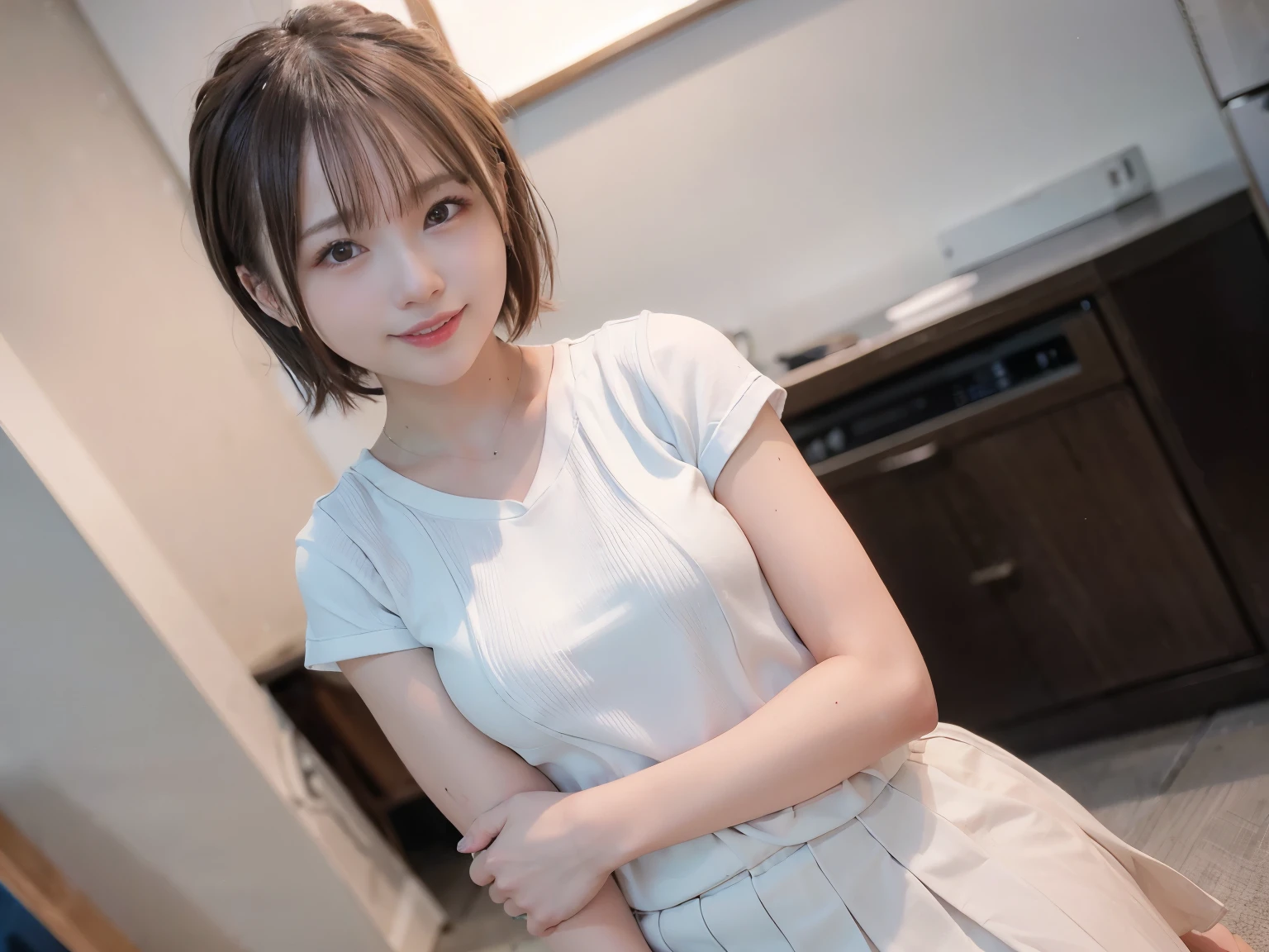 1 girl, Tokyo Street, night, Cityscape, City lights, Short-sleeved T-shirt,Pleated skirt, smile, (8k, RAW Photos, highest quality, masterpiece: 1.2), (Genuine, photoGenuine: 1.37),Short Hair、Shortcuts,smile,Idol,