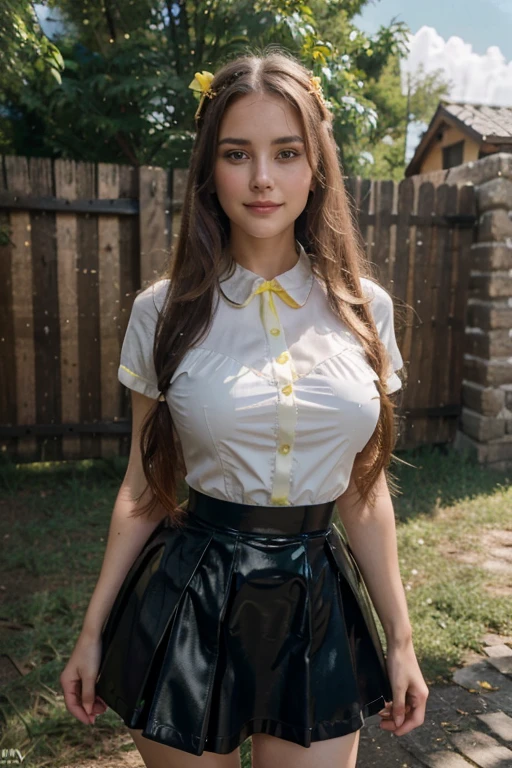 focused face looking at the camera. Ukrainian women, (arms crossed), the breast cleavage is slightly open, body visible up to the thighs, stand up straight, (8k, best quality, masterpiece:1.2), (realistic, photo-realistic:1.37), ultra-detailed, (1girl:1.6),cute,beautiful detailed sky,(outdoors:1.4), stand straight, (nose blush),(smile:1.15),(closed mouth:1.2), breasts,beautiful detailed eyes,(full body:1.1),white lace, (long hair:1.2),floating hair NovaFrogStyle, facing viewer, looking at viewer, pvc latex, pleated_skirt, shirt, yellow_skirt,pink cheeks,detailed,naughty model. (Dress. Red, blue, black, yellow, Green).
