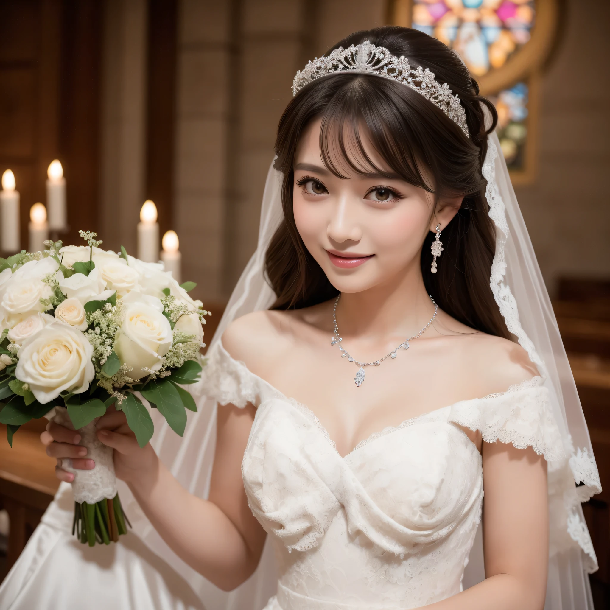 (kawaii face), (flat chest:1.2), happy smile, makeup, (Beautiful frills and lace cute wedding dress, bare shoulders:1.3), (tiaras, necklaces, earrings), Ultra High Definition, Superior Quality, Premier Quality, ultra detailed, Photorealistic, 8k, RAW Photos, highest quality, masterpiece, professional photography, Realistic portrait, Beautiful detailed, Close up portrait of girl, (chapel, stained glass), bouquet, flower decoration, beautiful bride pictures, (Fine face:1.2),
