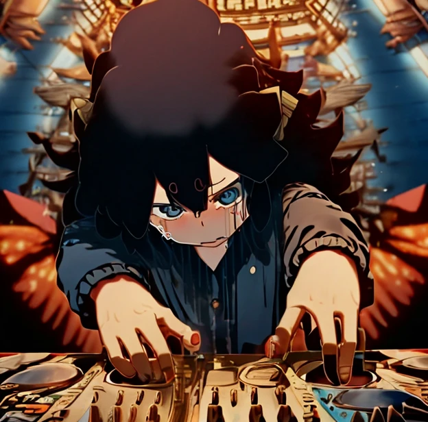 1man, dark blue hair, curly hair, hair over eyes, halo, nosebleed, sad and crying, Orange Tracksuit, Machinehandgun, Fans Electronic Bass Music Event Concert, super detail, high details, high quality