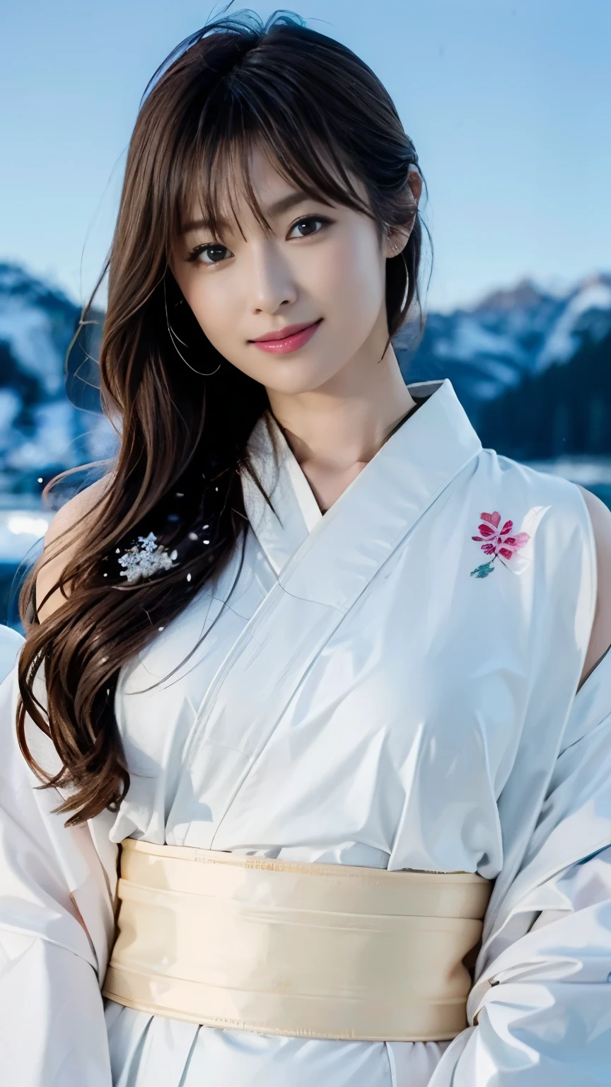 (((Perfect anatomical depiction))),A beautiful snow woman in a pure white kimono stands on a snowy mountain path by a pond at night,(((Under the moonlight of a snowstorm,A snow woman in a white kimono lifts her chin and looks over her shoulder))),Full body shot from behind,Strong blue contrast,Professional ceiling viewing angle,Excellent detail,Ultra-high resolution,Realistic:1.4),High detail,Attention to detail,One girl is concentrating,Long Hair,Delicate and beautiful face,The white underwear is dazzling,Long limbs and a slim waist like a slim, muscular model,Wearing straw sandals,A dignified smile,

