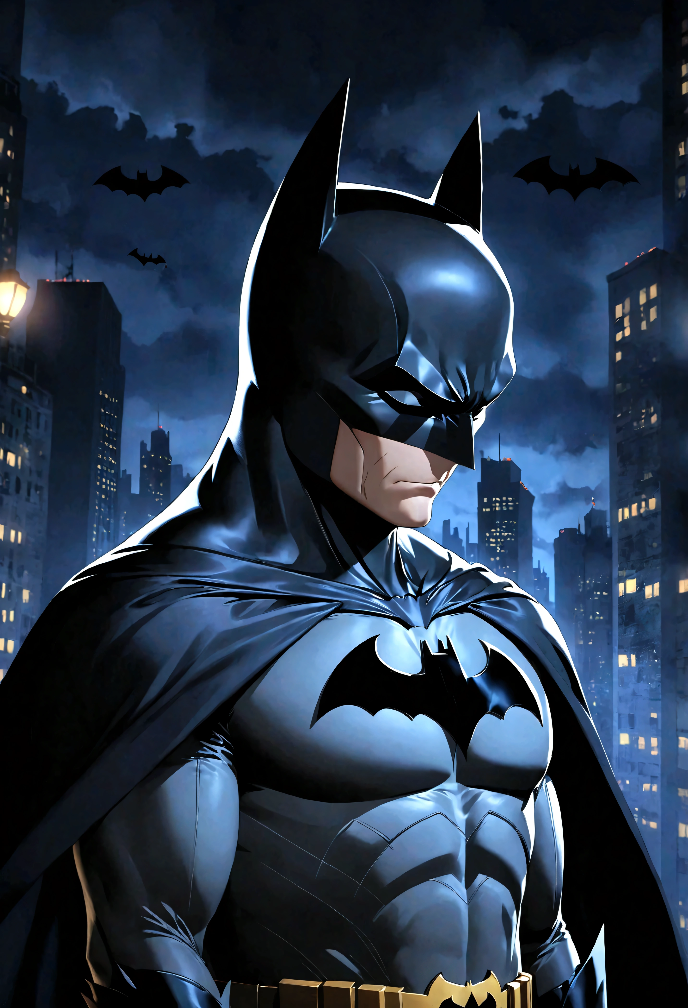 Generate an image in the Cartoon style of 90s Batman the Animated Series featuring Batman, in a Dark Gotham City. Batman should be depicted wearing Batman Suit. Batman's suit should be rendered with attention to detail. The suit should convey a sense of sadness and fear, reflecting Batmans unique character traits. Grogu should be depicted standing with his cape blown by the wind Pay close attention to capturing Batman's strong and expressive features. Ensure that his appearance remains faithful to his portrayal in the Batman the Animated series that aired during 1990s. The Gotham City setting should be rendered with Skyscrapers, Dark Sky, and dim city light sunlight filtering through. Overall, aim to create a captivating and emotionally resonant portrayal of Batman in a Gotham City, capturing the essence of his character and the atmosphere of the Batman the Animated Series style. Rendered in ultra-high definition with UHD and retina quality, this masterpiece ensures anatomical correctness and textured skin with super detail. With a focus on high quality and accuracy, this award-winning portrayal captures every nuance in stunning 16k resolution, immersing viewers in its lifelike depiction. Avoid extreme angles or exaggerated expressions to maintain realism. ((perfect_composition, perfect_design, perfect_layout, perfect_detail, ultra_detailed)), ((enhance_all, fix_everything)), More Detail, Enhance.
