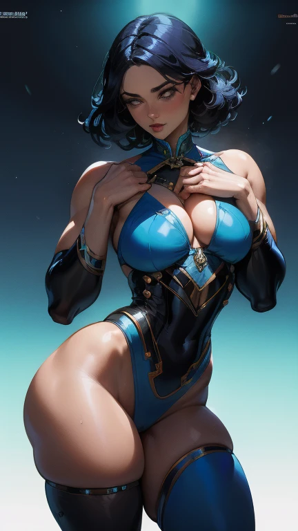 Magnificent artificial intelligence, Beautiful woman with robotic body, hiper-realista, cinematic angle, blue neon blurred background, circuitos aparentes,  vibrante, detalhado, zbrush, comic illustration, trends on Artstation. por Peter Mohrbacher, por wlop, por Ruan Jia, por Alphonse Mucha, por Dmitry Prozorov, por Norman Rockwell,