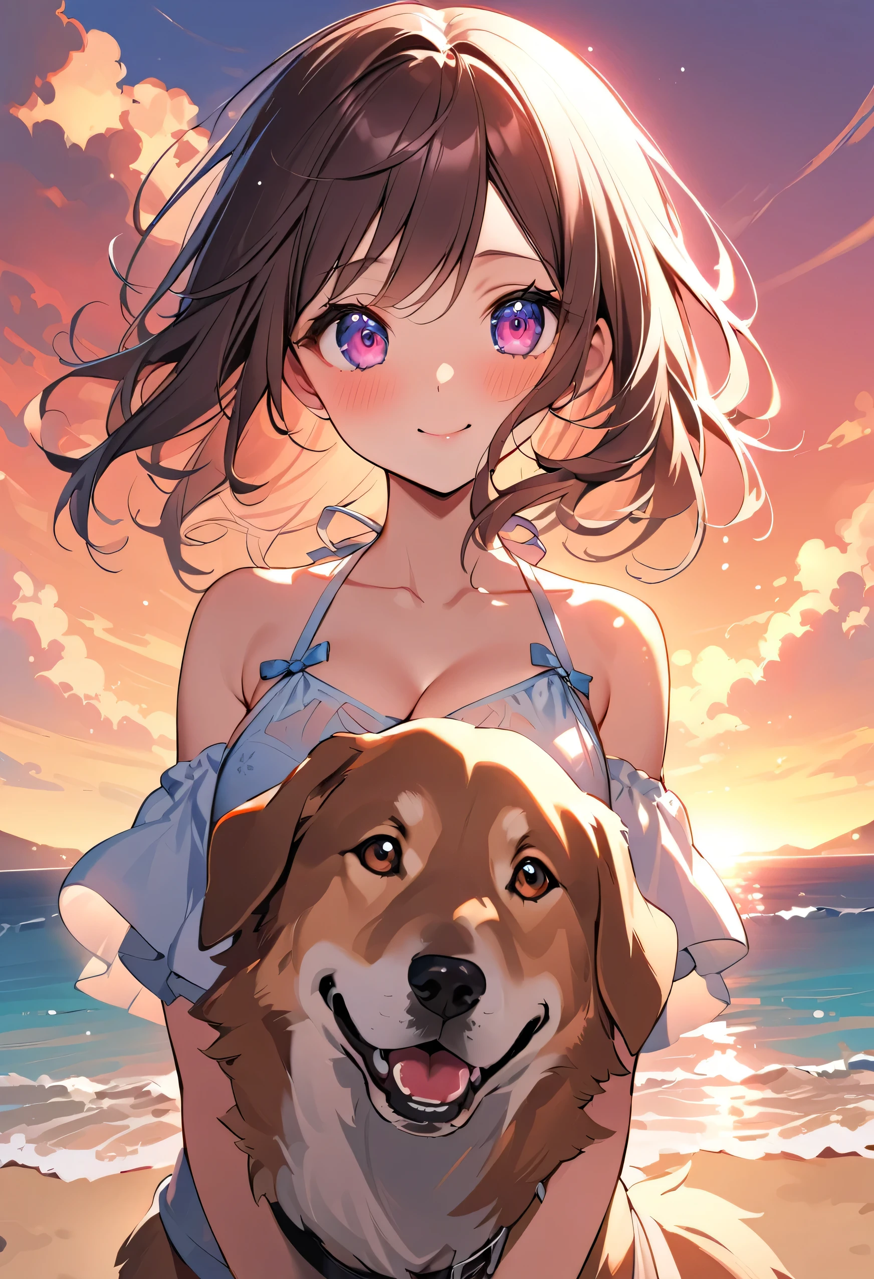 highest quality、High resolution、Detailed Background、(Detailed eyes:1.2)、Teenage beauty、(Highly detailed face:1.4)、(Huge breasts:1.1)、Cute hair color、Cute hairstyle、
At dusk、A young girl is seen taking a walk with her dog, who plays on the beach.。Looking up at the red sky、The sight of her happily running around with her dog、It truly represents the comfort of summer.。
These、A girl enjoying summer in nature、Innocent and adorable、It makes me feel the coming of summer.。An innocent smile、Full of concentration、Relaxed Rest、And fun times with dogs。Truly a summer experience、A lovely view unfolds。