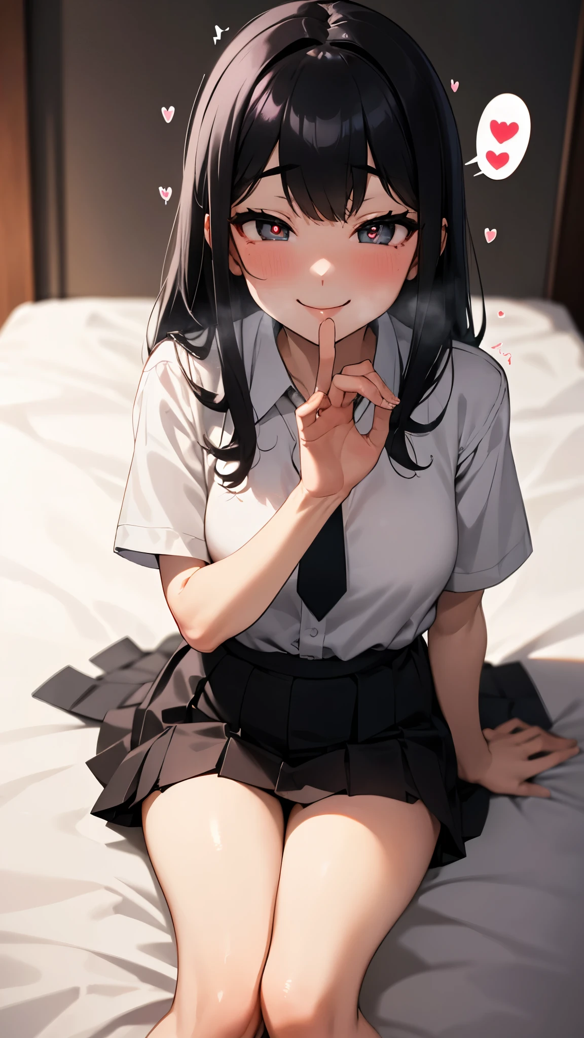 (masterpiece、masterpiece,highest quality,High resolution,Very detailed), Detailed Background、Detailed people、Background blur, (((( Perfect Fingers ))))
Fancy earrings、Black pleated skirt、White shirt,Short sleeve,Light green loose tie、High school girl uniform, Shiny black stockings,(black 靴:1.4),indoor,
((Heart-shaped pupils:1.3, Blowjob Gestures:1.5))、Open your mouth ,Sitting, On the bed , ((((Open your mouth))))、Sharp Eye、Deep double eyelids、Long eyelashes、Heavy breathing ,Put your hand in front of your mouth,Put your hand in front of your mouth, ((((( Captivating smile ))))),
(night:1.8, Black dark room:1.5, Dim lighting:1.5, Japanese love hotel bedroom:1.6, Sexy Room)