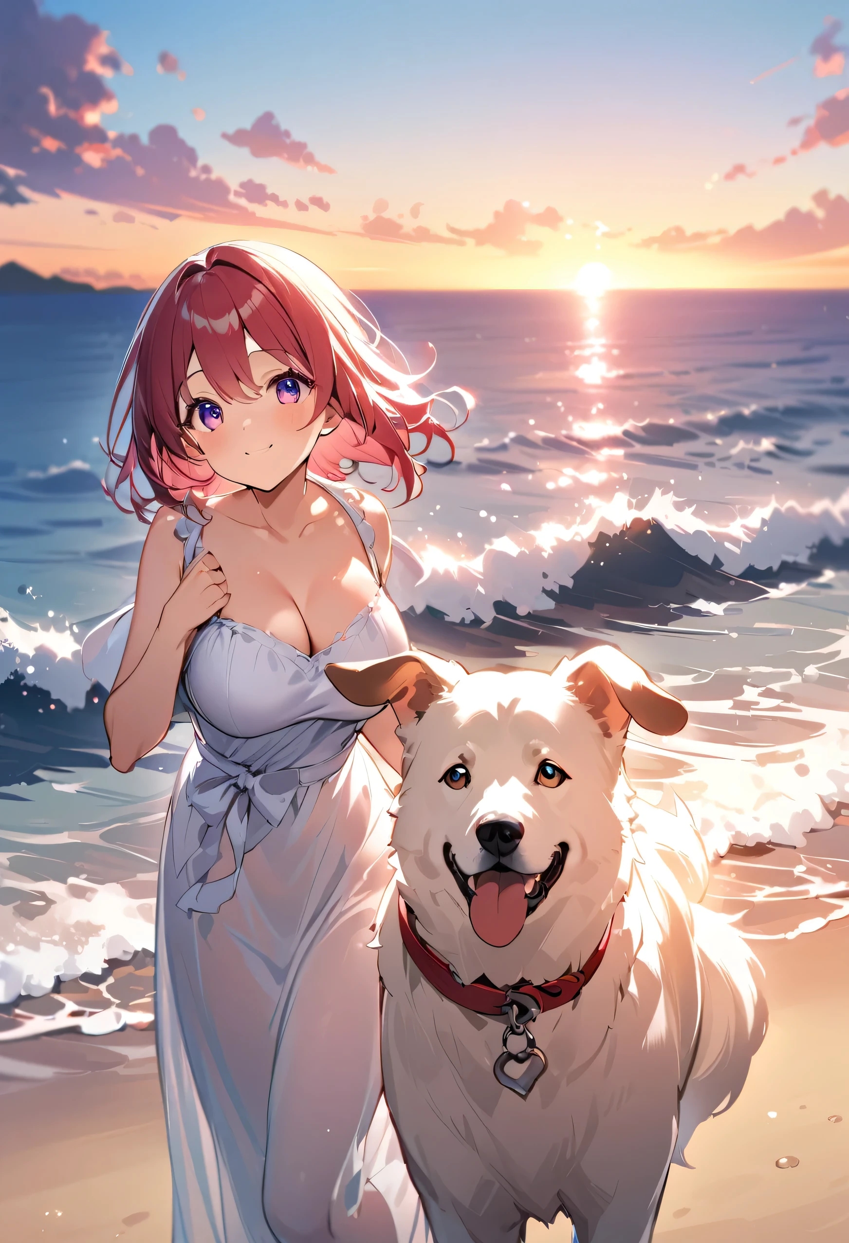 highest quality、High resolution、Detailed Background、(Detailed eyes:1.2)、 beauty、(Highly detailed face:1.4)、(Huge breasts:1.1)、Cute hair color、Cute hairstyle、
At dusk、A young girl is seen taking a walk with her dog, who plays on the beach.。Looking up at the red sky、The sight of her happily running around with her dog、It truly represents the comfort of summer.。
These、A girl enjoying summer in nature、Innocent and adorable、It makes me feel the coming of summer.。An innocent smile、Full of concentration、Relaxed Rest、And fun times with dogs。Truly a summer experience、A lovely view unfolds。