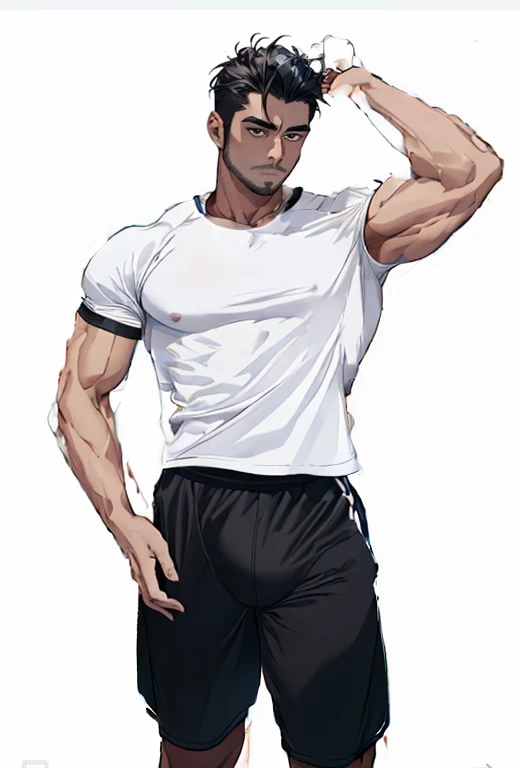 A tight white short-sleeved T-shirt、A muscular man with thick arms wearing black training wear