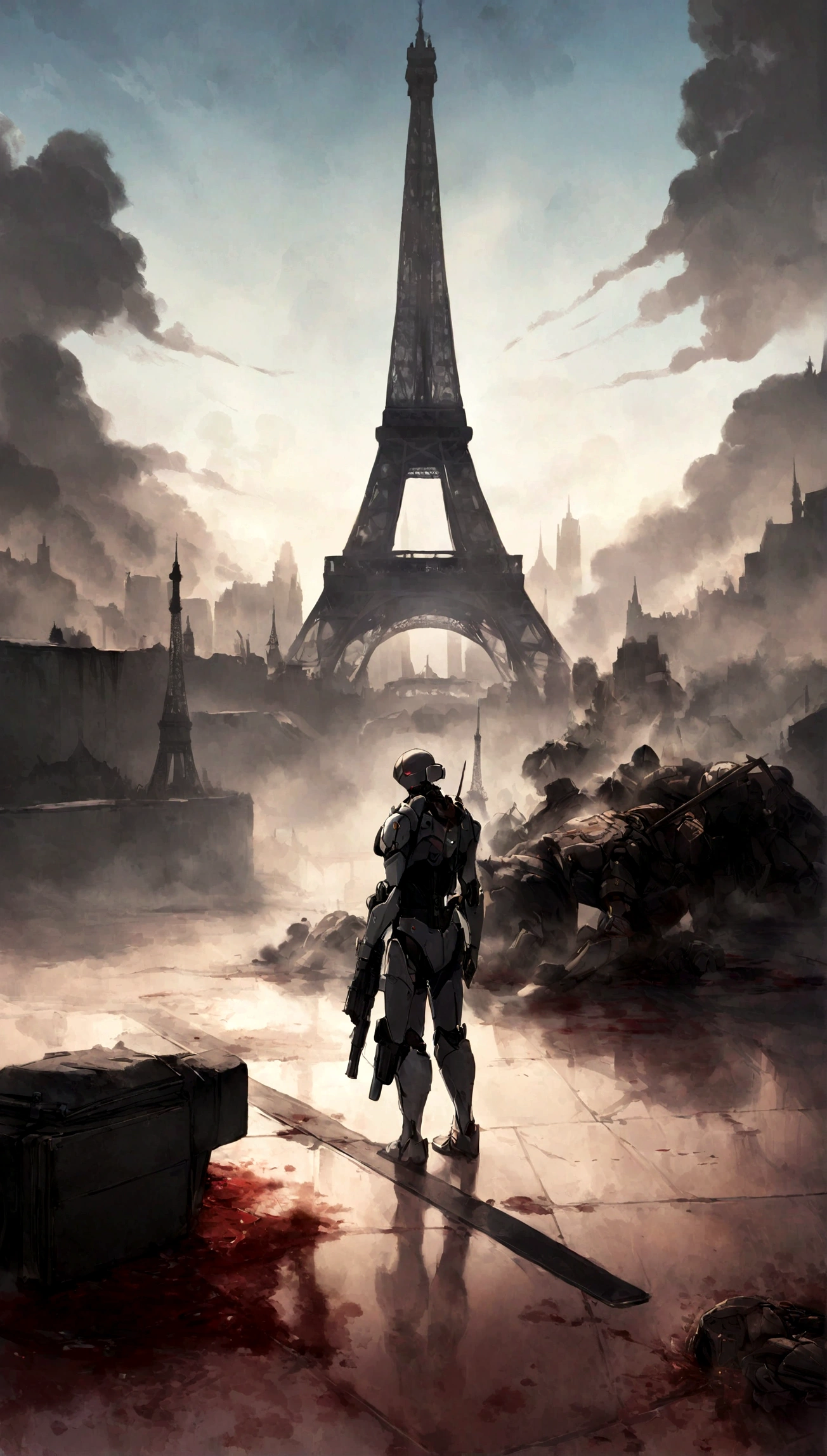 Obra maestra, Obra maestra, hiperrealismo, cinematographic image, 8k, Profundidad de campo, cinema lighting, a post apocalyptic take on the typical iconic image of the (torre eiffel en paris en ruinas),Lleno de verdor, image Post apocalyptic and dystopian., torre rota, ((en el cielo se ven planetas y (naves espaciales))), ((smoke behind the eiffel tower)). En primer plano, a laser gun on the floor and a puddle of dried blood, robots, cyborg