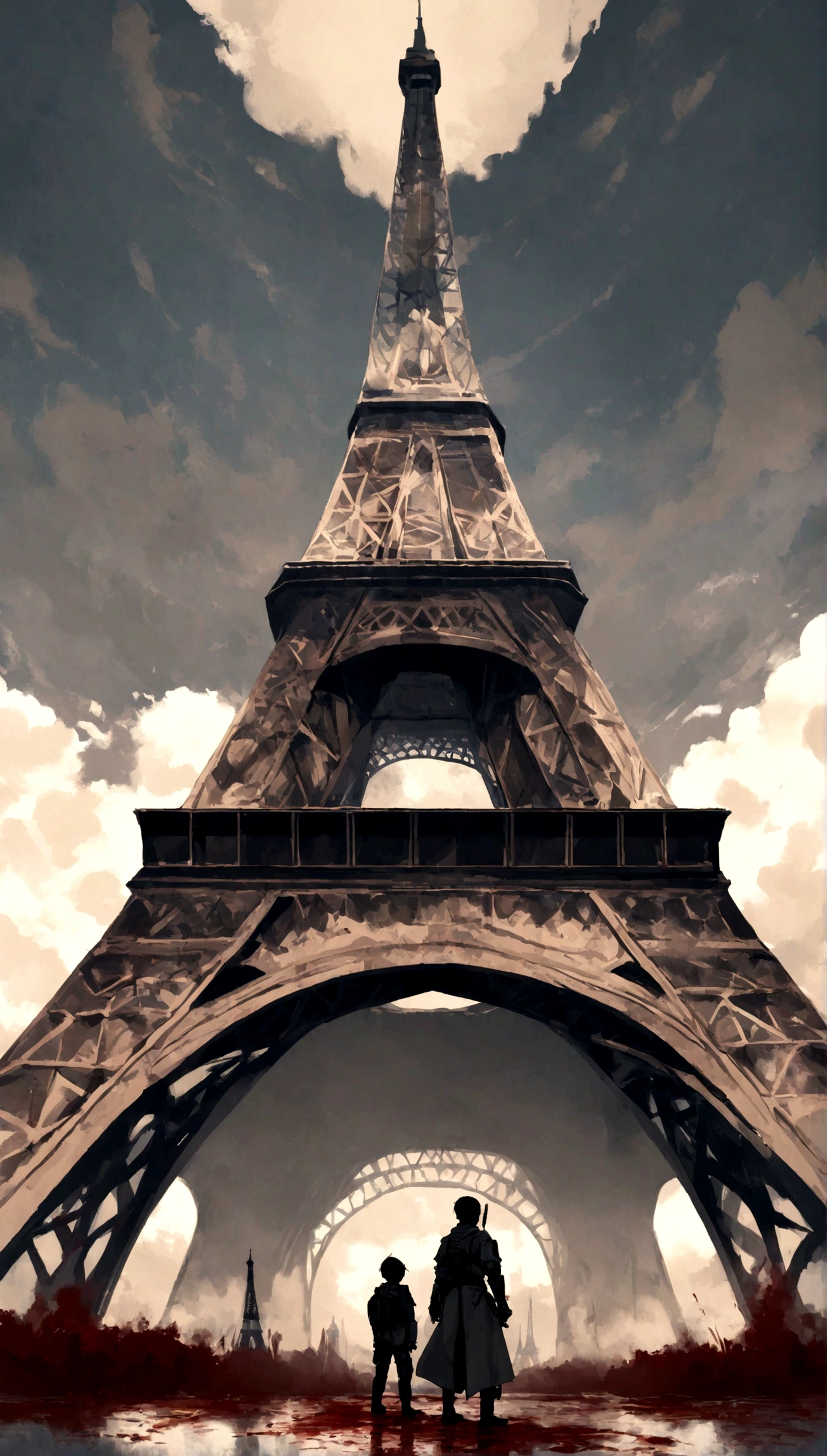 Obra maestra, Obra maestra, hiperrealismo, cinematographic image, 8k, Profundidad de campo, cinema lighting, a post apocalyptic take on the typical iconic image of the (torre eiffel en paris en ruinas),Lleno de verdor, image Post apocalyptic and dystopian., torre rota, ((en el cielo se ven planetas y (naves espaciales))), ((smoke behind the eiffel tower)). En primer plano, a laser gun on the floor and a puddle of dried blood, robots, cyborg