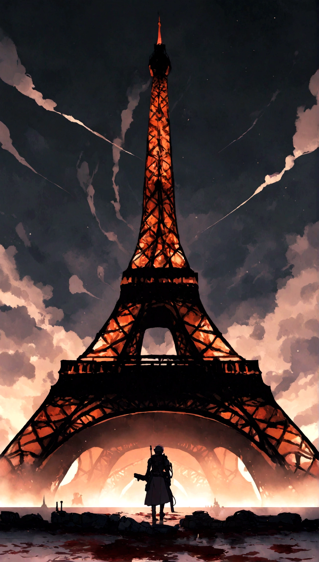 Obra maestra, Obra maestra, hiperrealismo, cinematographic image, 8k, Profundidad de campo, cinema lighting, a post apocalyptic take on the typical iconic image of the (torre eiffel en paris en ruinas),Lleno de verdor, image Post apocalyptic and dystopian., torre rota, ((en el cielo se ven planetas y (naves espaciales))), ((smoke behind the eiffel tower)). En primer plano, a laser gun on the floor and a puddle of dried blood, robots, cyborg