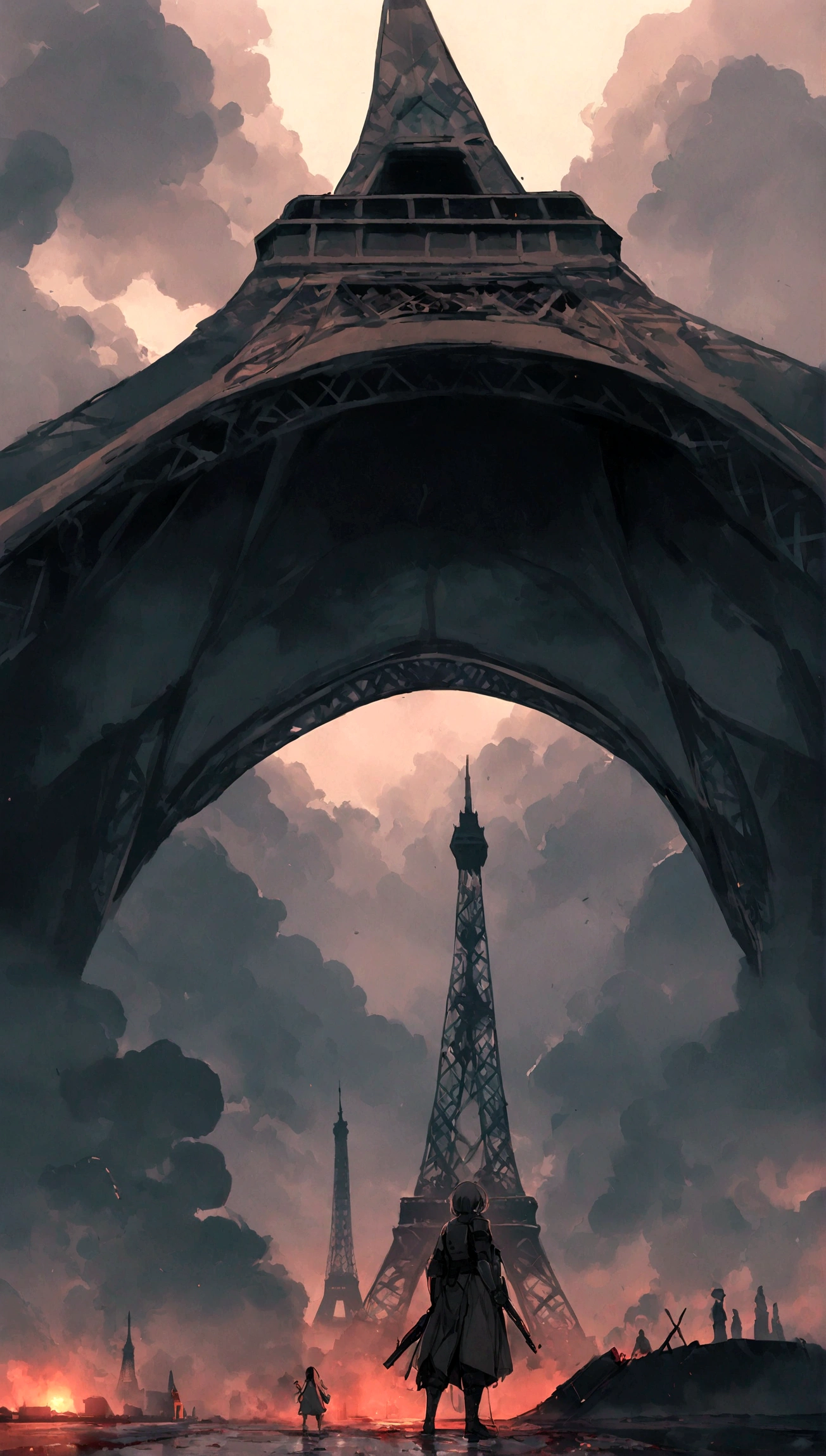 Obra maestra, Obra maestra, hiperrealismo, cinematographic image, 8k, Profundidad de campo, cinema lighting, a post apocalyptic take on the typical iconic image of the (torre eiffel en paris en ruinas),Lleno de verdor, image Post apocalyptic and dystopian., torre rota, ((en el cielo se ven planetas y (naves espaciales))), ((smoke behind the eiffel tower)). En primer plano, a laser gun on the floor and a puddle of dried blood, robots, cyborg