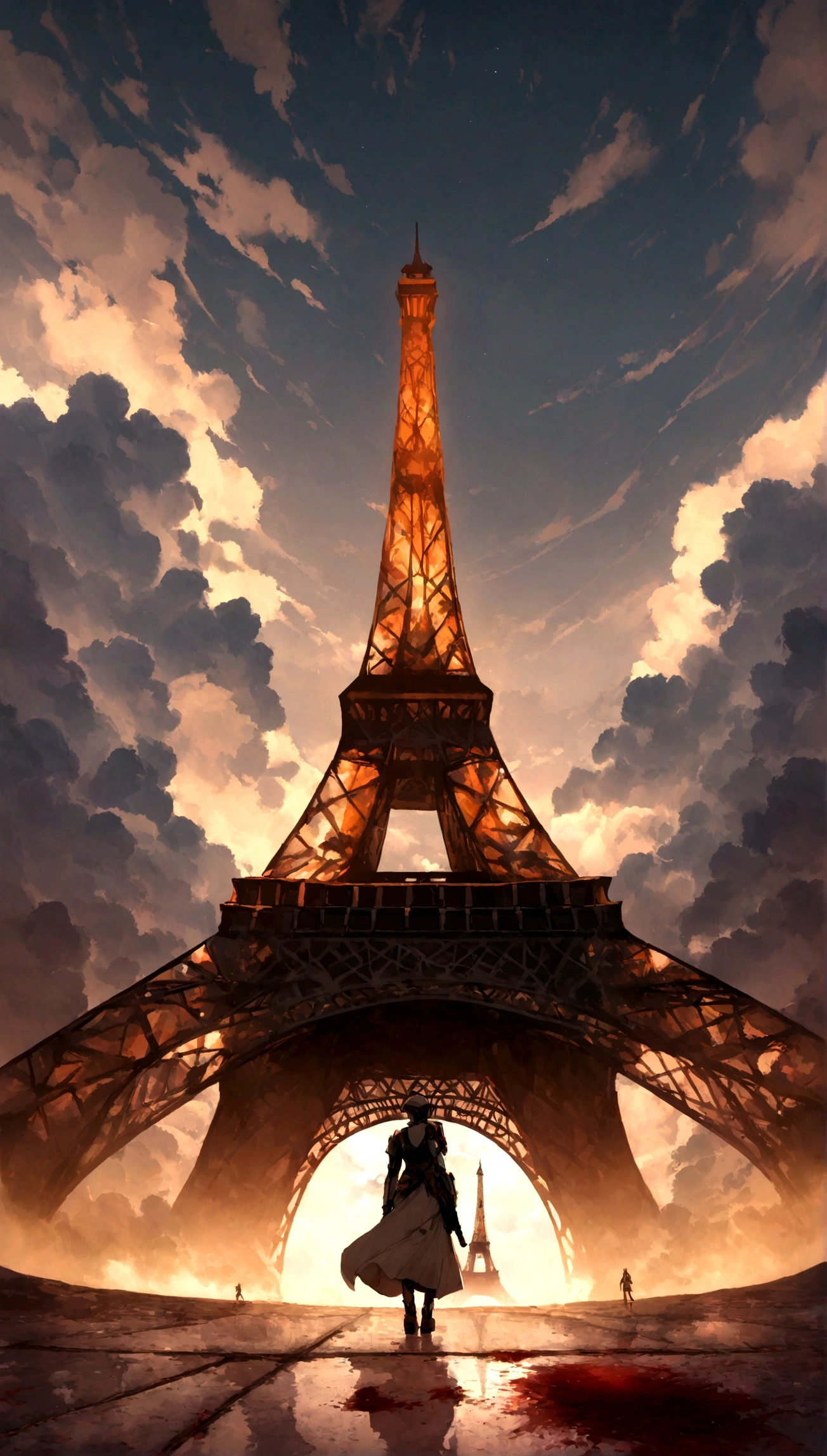 Obra maestra, Obra maestra, hiperrealismo, cinematographic image, 8k, Profundidad de campo, cinema lighting, a post apocalyptic take on the typical iconic image of the (torre eiffel en paris en ruinas),Lleno de verdor, image Post apocalyptic and dystopian., torre rota, ((en el cielo se ven planetas y (naves espaciales))), ((smoke behind the eiffel tower)). En primer plano, a laser gun on the floor and a puddle of dried blood, robots, cyborg