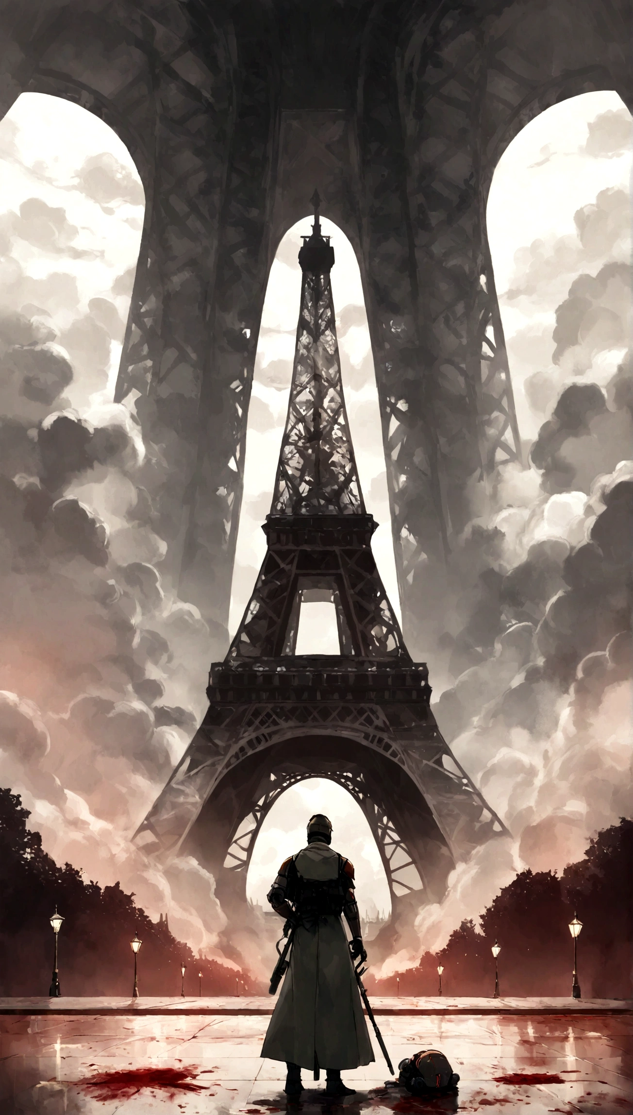 Obra maestra, Obra maestra, hiperrealismo, cinematographic image, 8k, Profundidad de campo, cinema lighting, a post apocalyptic take on the typical iconic image of the (torre eiffel en paris en ruinas),Lleno de verdor, image Post apocalyptic and dystopian., torre rota, ((en el cielo se ven planetas y (naves espaciales))), ((smoke behind the eiffel tower)). En primer plano, a laser gun on the floor and a puddle of dried blood, robots, cyborg