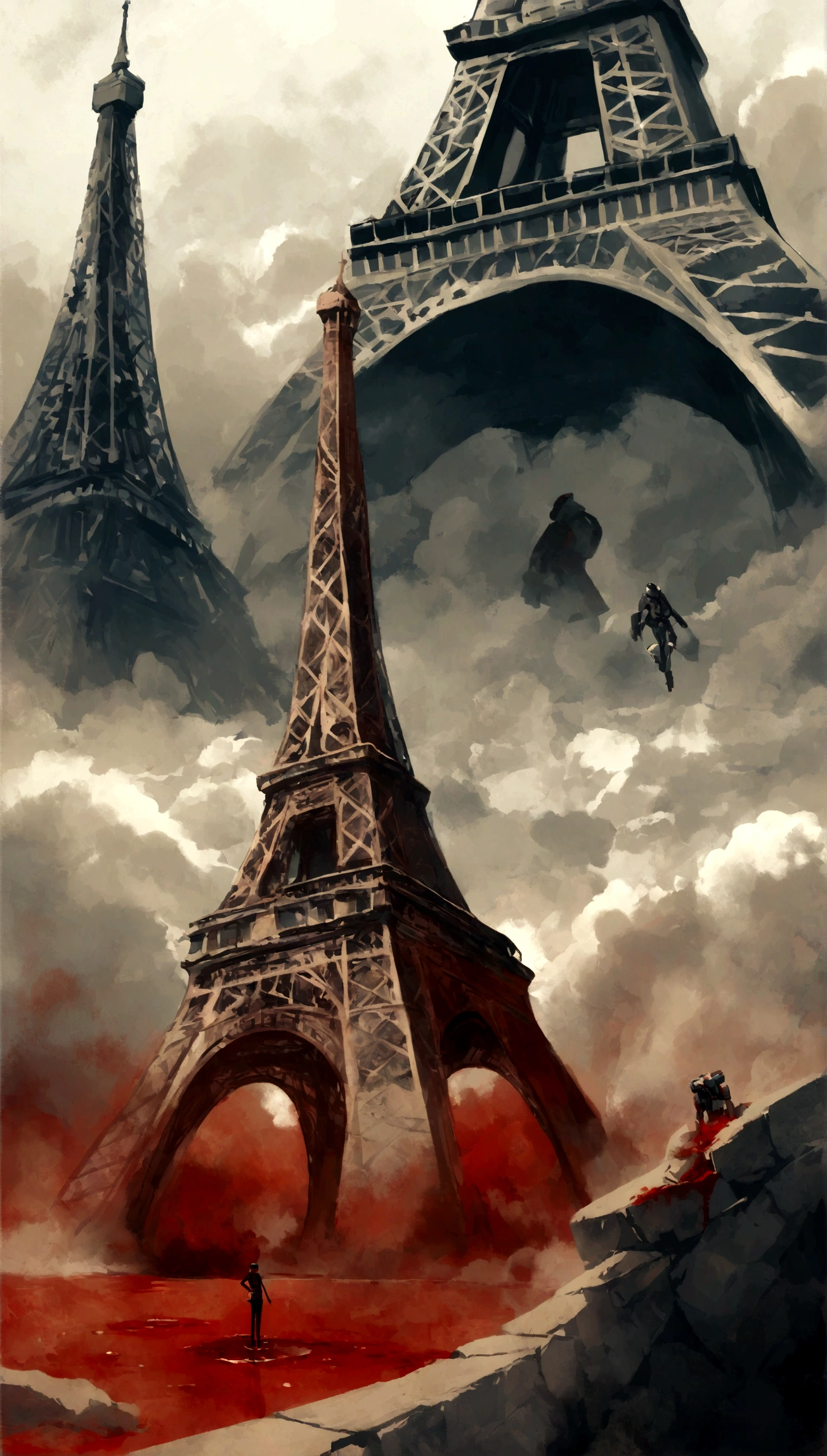 Obra maestra, Obra maestra, hiperrealismo, cinematographic image, 8k, Profundidad de campo, cinema lighting, a post apocalyptic take on the typical iconic image of the (torre eiffel en paris en ruinas),Lleno de verdor, image Post apocalyptic and dystopian., torre rota, ((en el cielo se ven planetas y (naves espaciales))), ((smoke behind the eiffel tower)). En primer plano, a laser gun on the floor and a puddle of dried blood, robots, cyborg