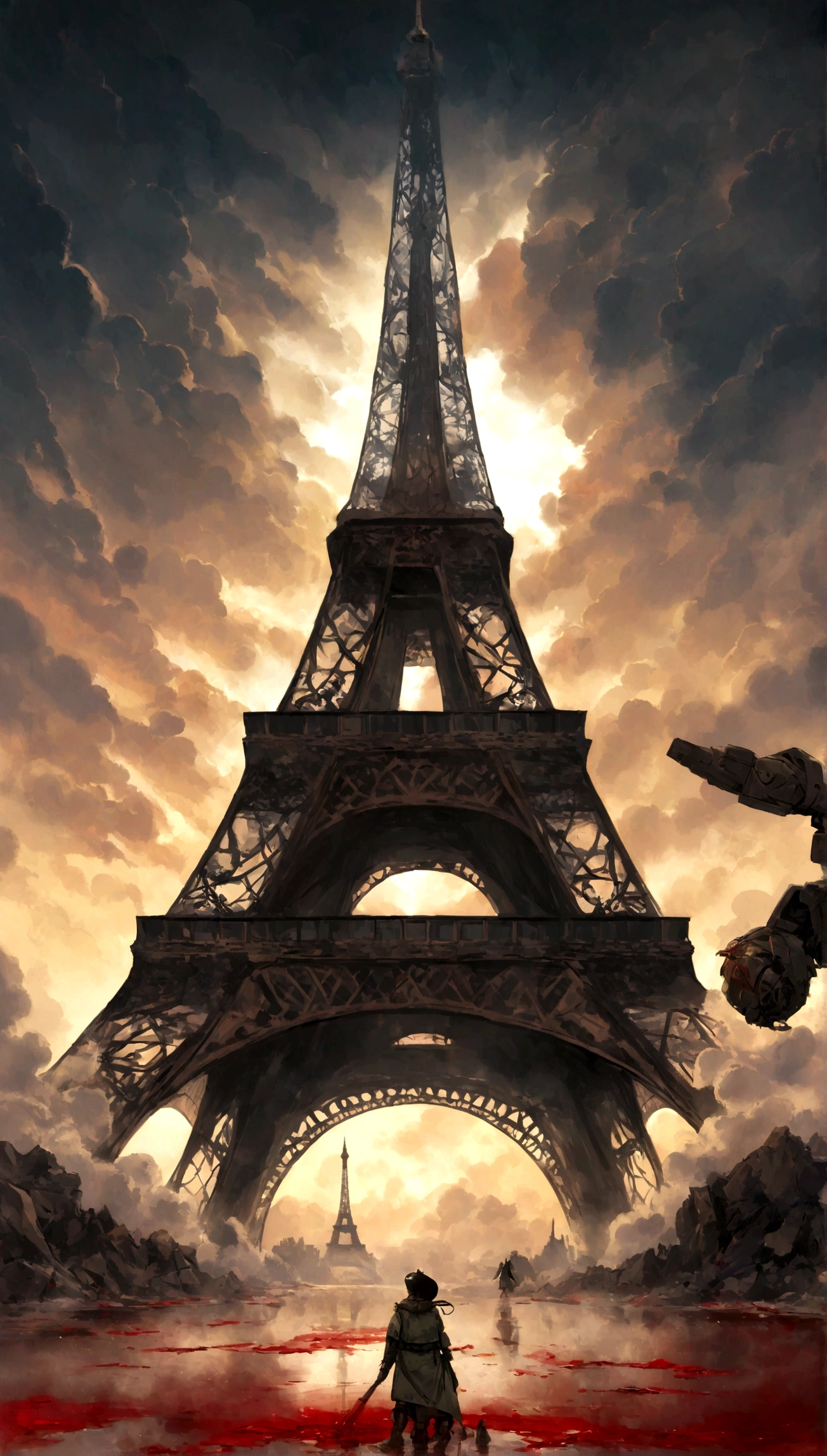 Obra maestra, Obra maestra, hiperrealismo, cinematographic image, 8k, Profundidad de campo, cinema lighting, a post apocalyptic take on the typical iconic image of the (torre eiffel en paris en ruinas),Lleno de verdor, image Post apocalyptic and dystopian., torre rota, ((en el cielo se ven planetas y (naves espaciales))), ((smoke behind the eiffel tower)). En primer plano, a laser gun on the floor and a puddle of dried blood, robots, cyborg