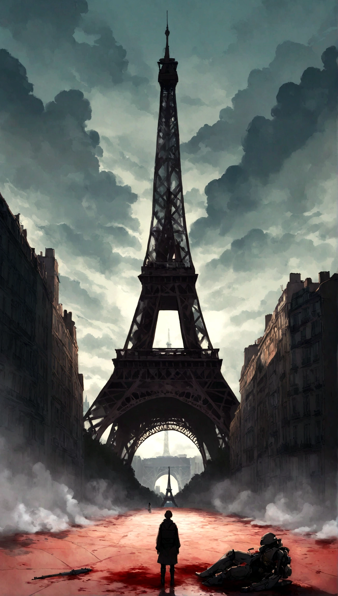 Obra maestra, Obra maestra, hiperrealismo, cinematographic image, 8k, Profundidad de campo, cinema lighting, a post apocalyptic take on the typical iconic image of the (torre eiffel en paris en ruinas),Lleno de verdor, image Post apocalyptic and dystopian., torre rota, ((en el cielo se ven planetas y (naves espaciales))), ((smoke behind the eiffel tower)). En primer plano, a laser gun on the floor and a puddle of dried blood, robots, cyborg