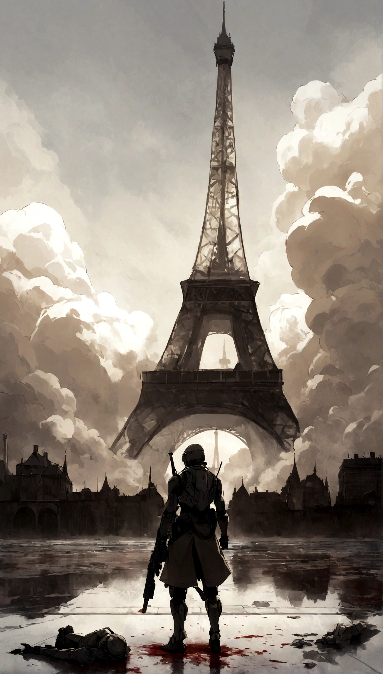 Obra maestra, Obra maestra, hiperrealismo, cinematographic image, 8k, Profundidad de campo, cinema lighting, a post apocalyptic take on the typical iconic image of the (torre eiffel en paris en ruinas),Lleno de verdor, image Post apocalyptic and dystopian., torre rota, ((en el cielo se ven planetas y (naves espaciales))), ((smoke behind the eiffel tower)). En primer plano, a laser gun on the floor and a puddle of dried blood, robots, cyborg