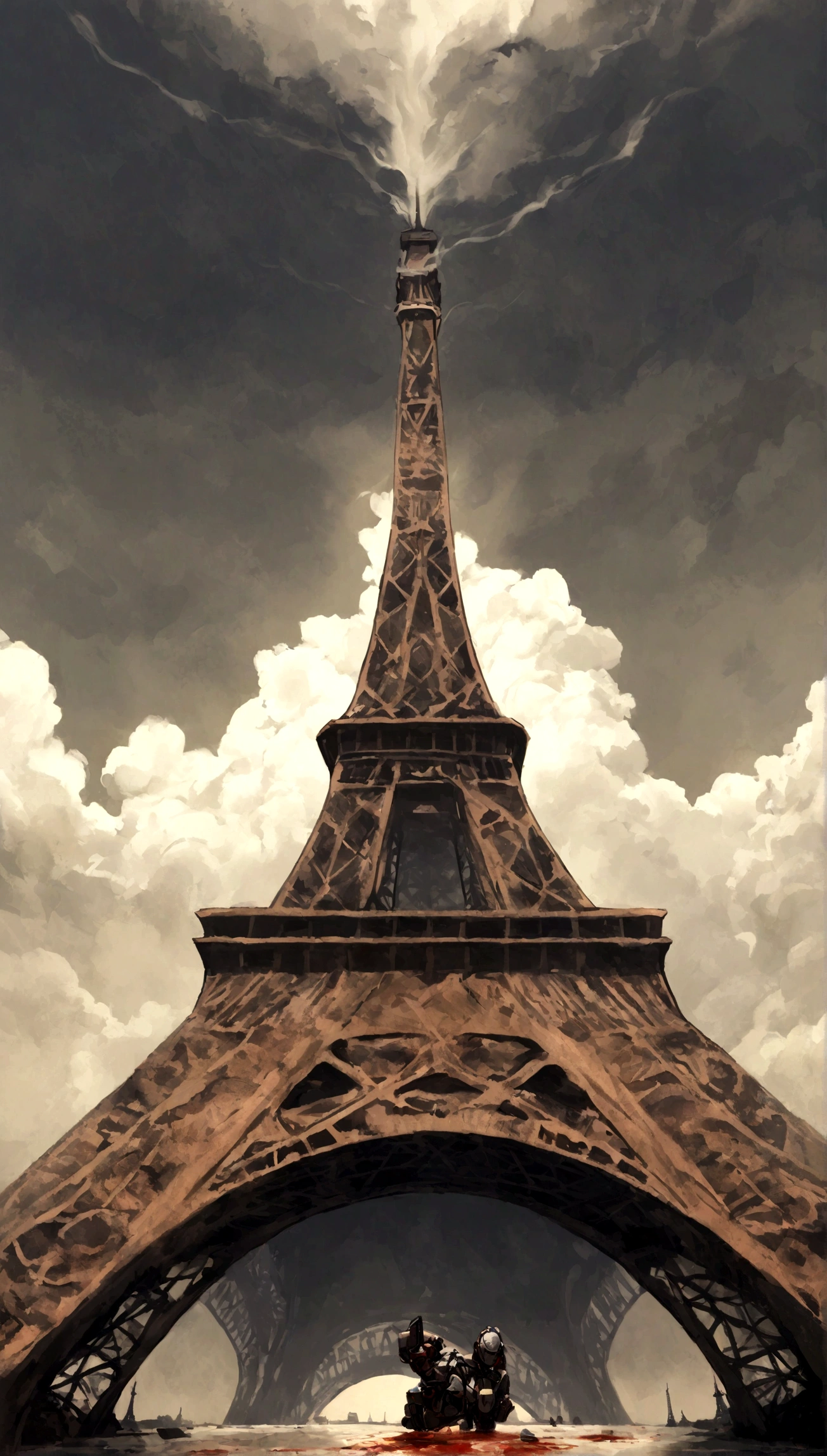 Obra maestra, Obra maestra, hiperrealismo, cinematographic image, 8k, Profundidad de campo, cinema lighting, a post apocalyptic take on the typical iconic image of the (torre eiffel en paris en ruinas),Lleno de verdor, image Post apocalyptic and dystopian., torre rota, ((en el cielo se ven planetas y (naves espaciales))), ((smoke behind the eiffel tower)). En primer plano, a laser gun on the floor and a puddle of dried blood, robots, cyborg