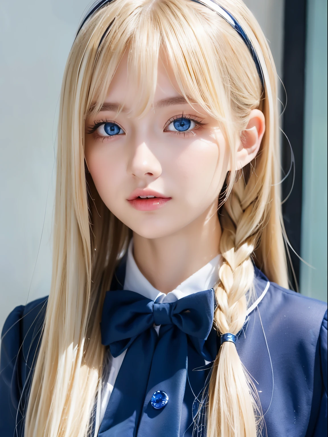 portlate、、bright expression、ponytail、Young and radiant glowing white glowing skin、ball highlights、best looks、Transparent blonde hair with dazzling highlights、shiny bright hair,、very long soft straight hair、shiny beautiful bangs、Big blue eyes like sparkling jewels、Very beautiful, nice and cute girl、Lush breasts