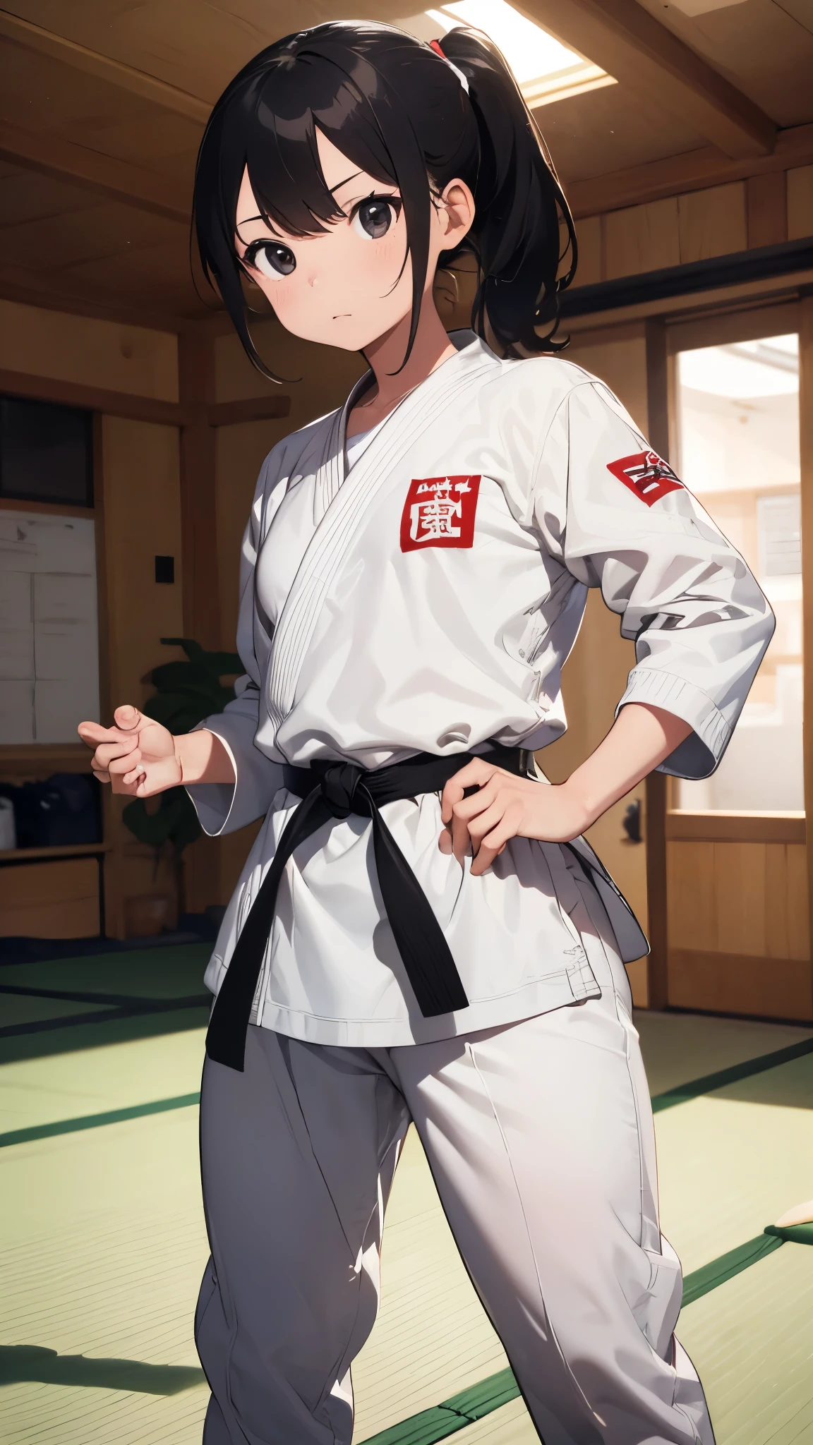 ((masterpiece, best quality, ultra-detailed, very fine 8KCG wallpapers)), , Slightly chubby, medium hair, black hair, ponytail, black eyes,Judo player、Long sleeve judo uniform、Long judo pants、Judo、Serious expression、Inside the Judo Gymnasium、、On the tatami、Fighting、Two Girls、Ready for battle、A tough fight、