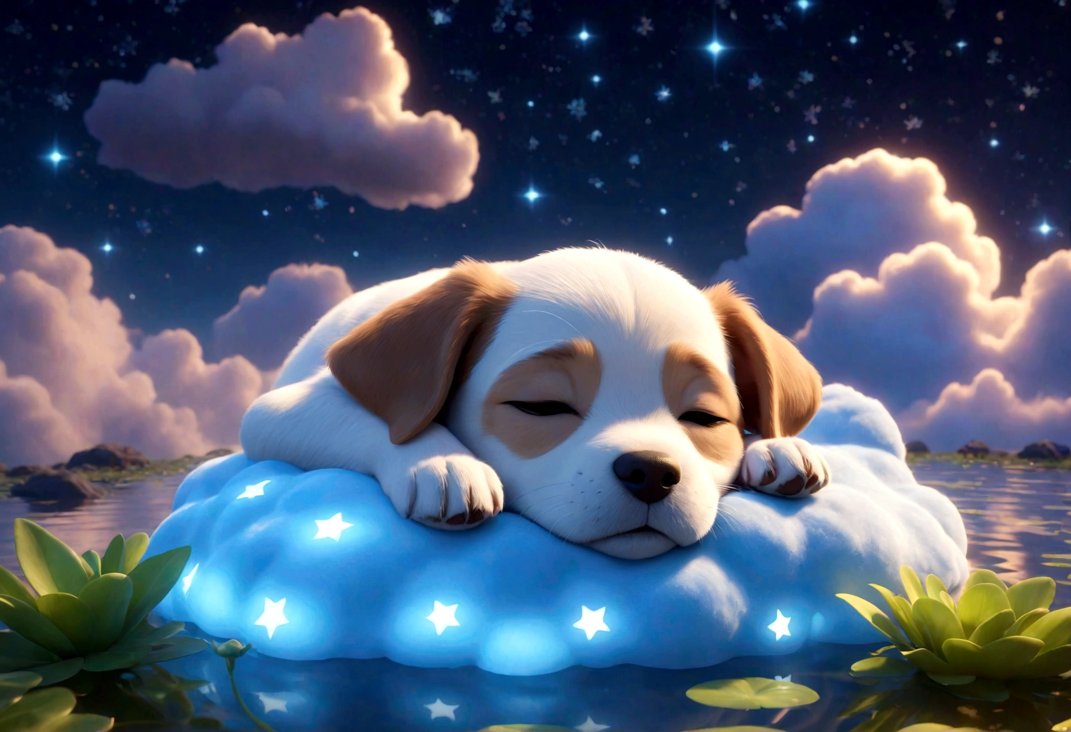 Disney Pixar cartoon character, sleeping, eyes closed, puppy, cute sleeping, sleeping, on magical illuminated clouds floating in a small lake, background with stars, magical glow, unreal engine rendering, 8k