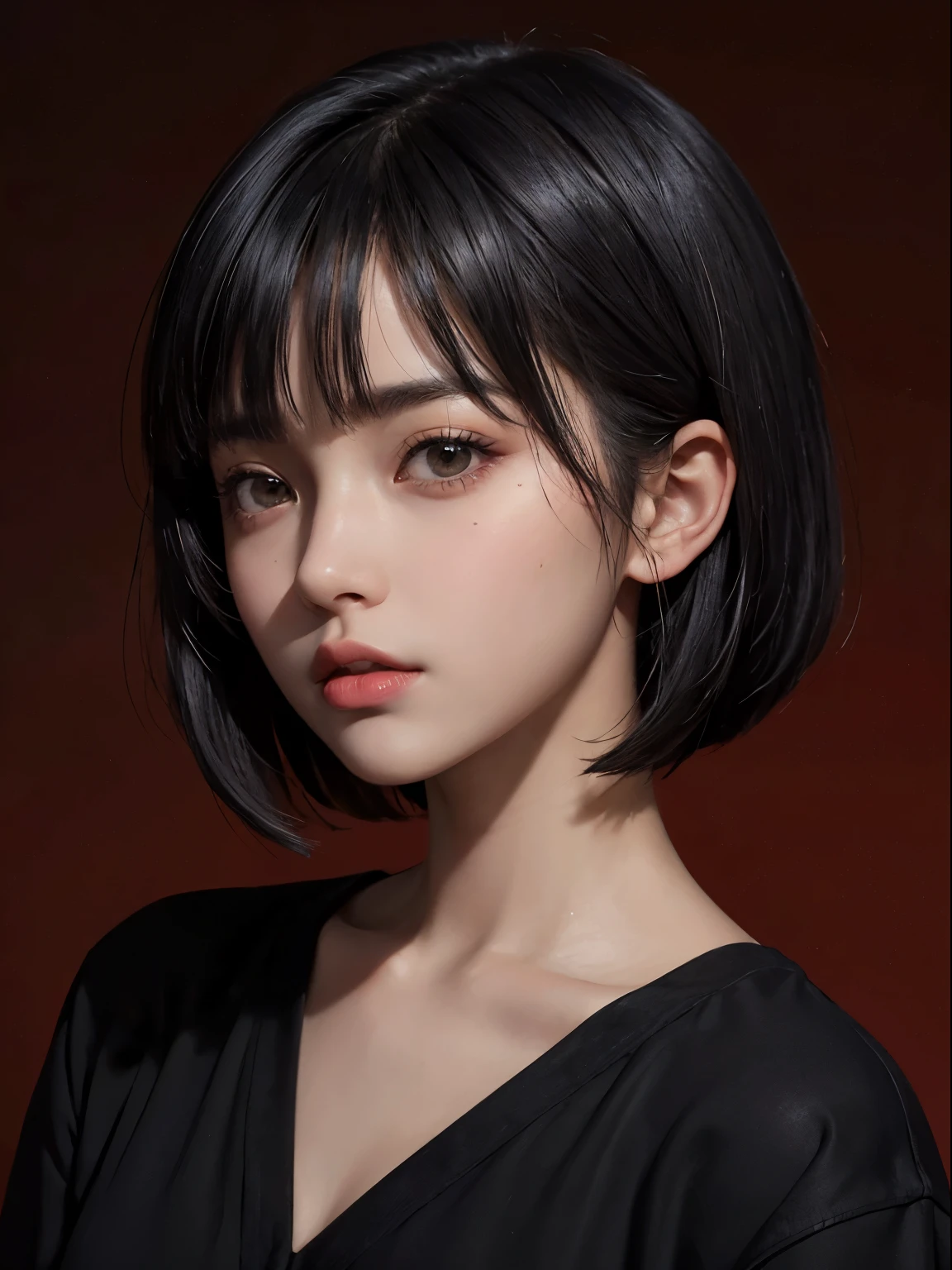 a 15 yo girl , short bob hair with bangs, black hair, 1 horn on left front fore head, dark theme, soothing tones, muted colors, high contrast, looking to the left, (natural skin texture, hyperrealism, soft light, sharp),red background, lost spirit background,