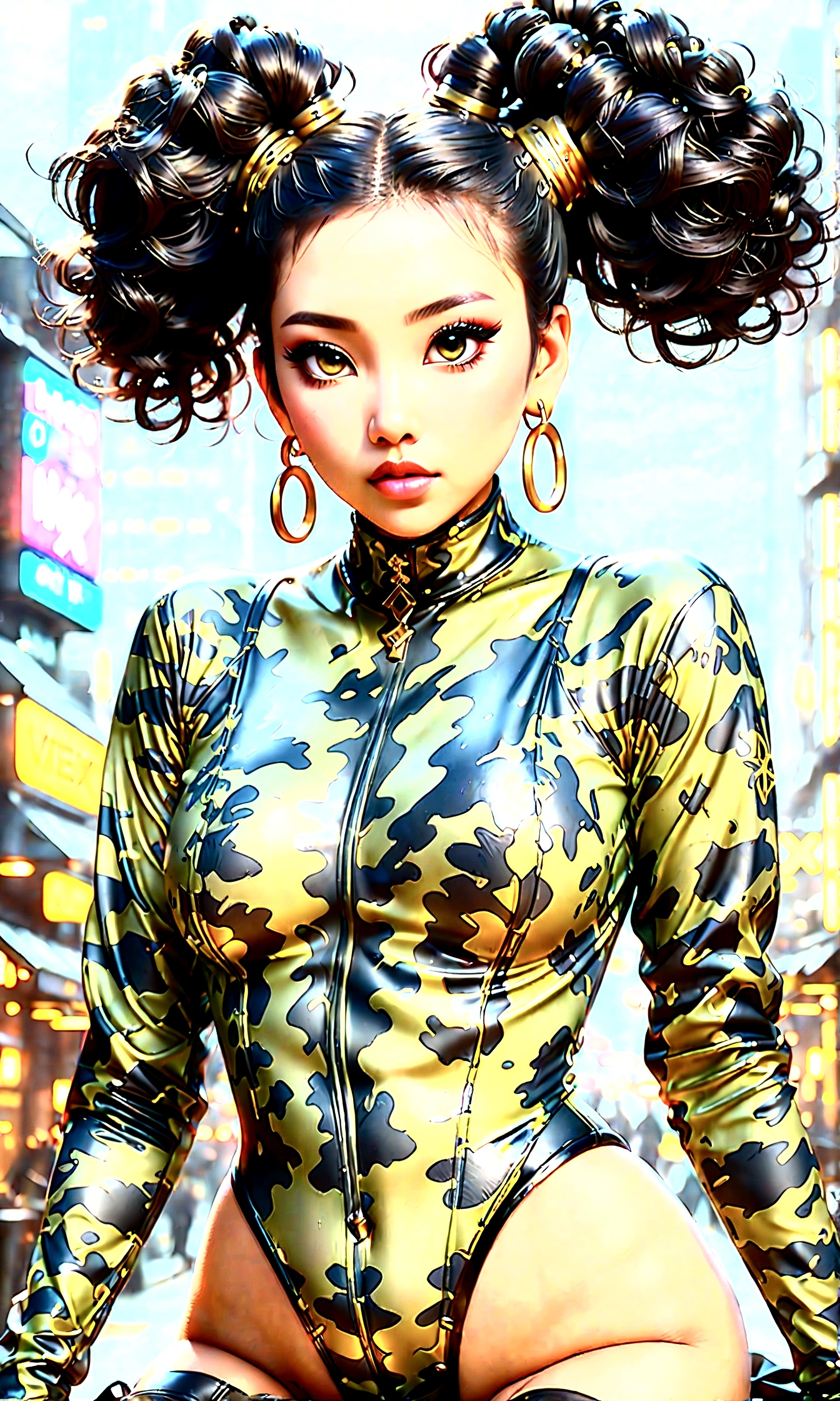 (Full Body Portrait:1.4)、Beautiful Asian Woman、Master of the art of love、Immortal、、Big Breasts、(Black Hair＿all back_Double bun hairstyle:1.4)、(Wearing a night camo latex bodysuit、Night Camo Makeup:1.5)、In front of a night cityscape lined with skyscrapers、Highly detailed assault rifle in hand、(highest quality、4k、8k、High resolution、masterpiece:1.2)、Super detailed、(Real、Photorealistic、Photorealistic:1.37)、Detailed eyes、Detailed lips、Highly detailed face、Long eyelashes、Cinematic lighting、Dramatic atmosphere、Intricate details、