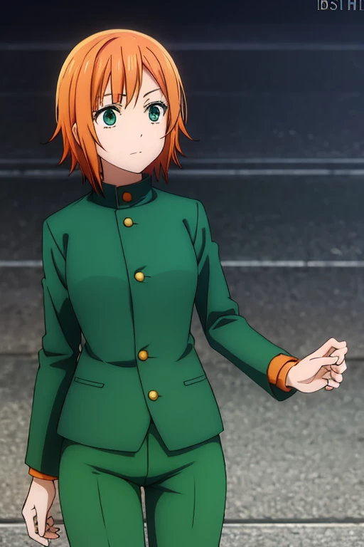 anime, detailed,short orange hair, green eyes, dark green pants, his green gakuran jacket