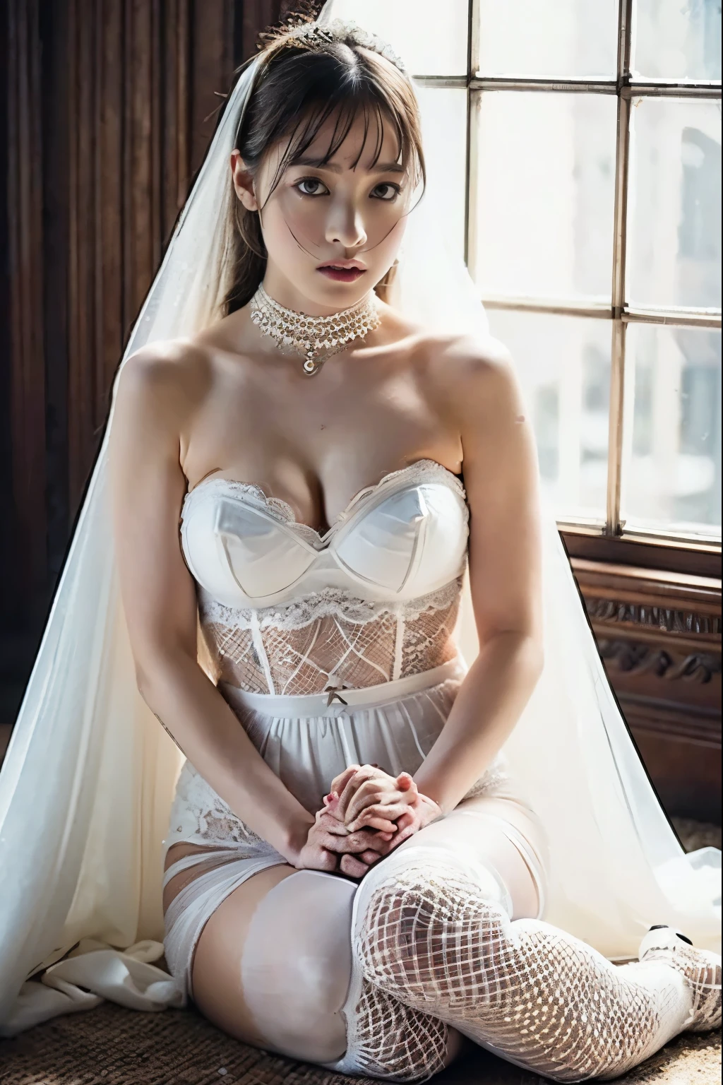By Egon Schiele style, beautiful nude bride in church, small tits, stockings, squatting