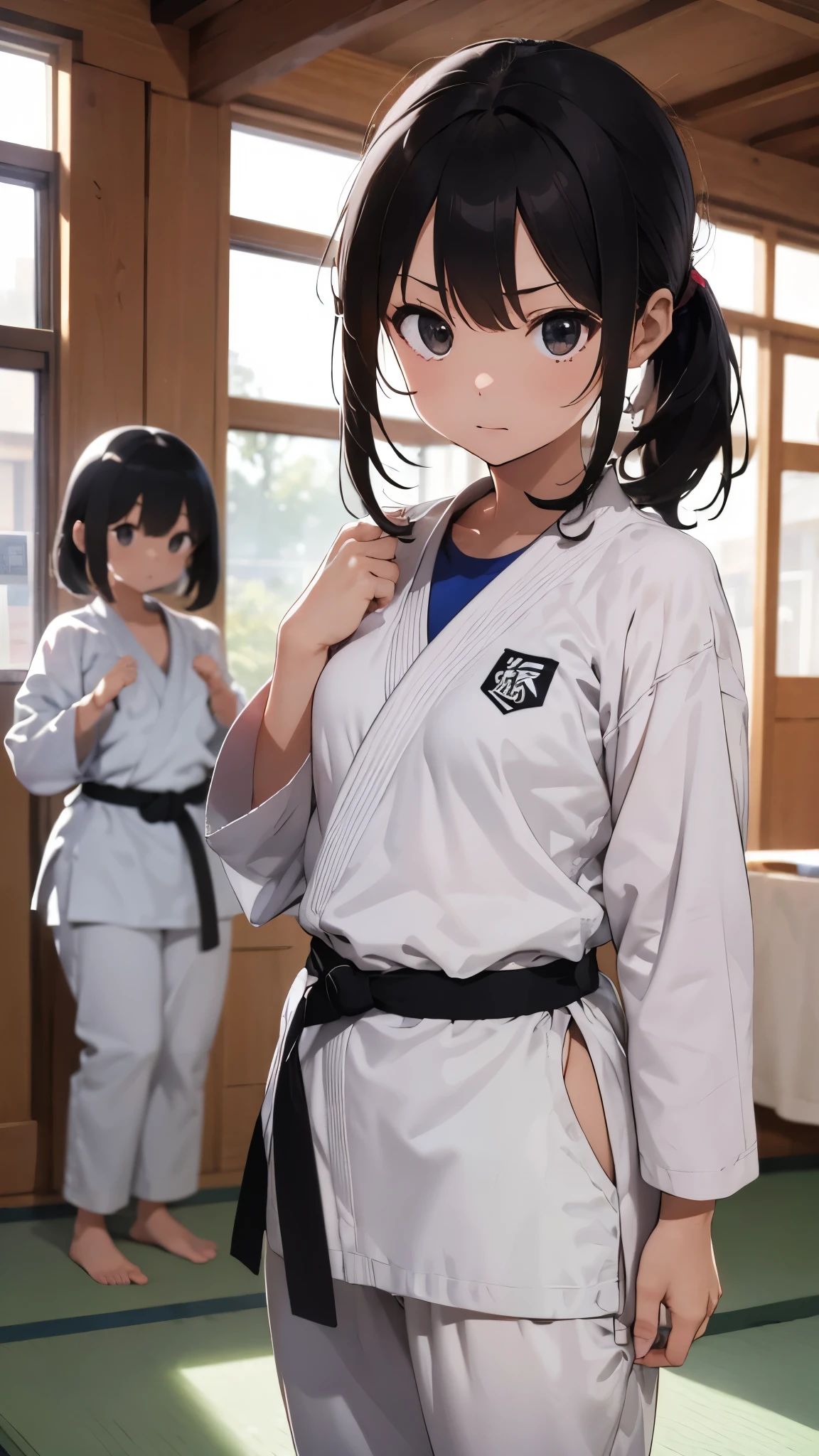 ((masterpiece, best quality, ultra-detailed, very fine 8KCG wallpapers)), , Slightly chubby, medium hair, black hair, ponytail, black eyes,Judo player、Long sleeve judo uniform、The bust is large、Long judo pants、Judo、Serious expression、Inside the Judo Gymnasium、、On the tatami、Fighting、Two Girls、Ready for battle、A tough fight、