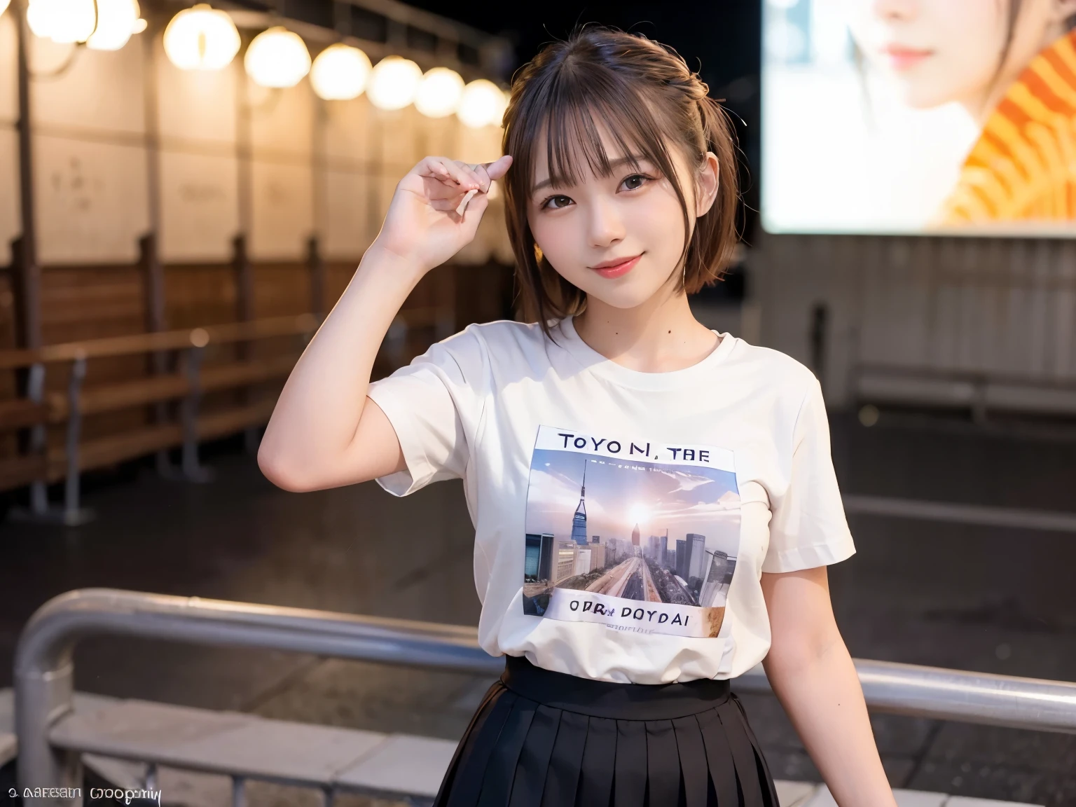 1 girl, Tokyo Street, night, Cityscape, City lights, Short-sleeved T-shirt,Pleated skirt, smile, (8k, RAW Photos, highest quality, masterpiece: 1.2), (Genuine, photoGenuine: 1.37),Short Hair、Shortcuts,smile,Idol,