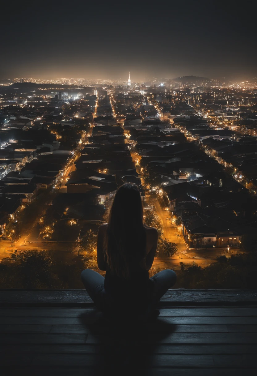 high quality images、8k、Octane, null, star (null), scenery, starry null, night, One girl, night null, alone, Outdoor, building, cloud, The sparkling Milky Way, Sitting, wood, Long Hair, city, silhouette, cityscape