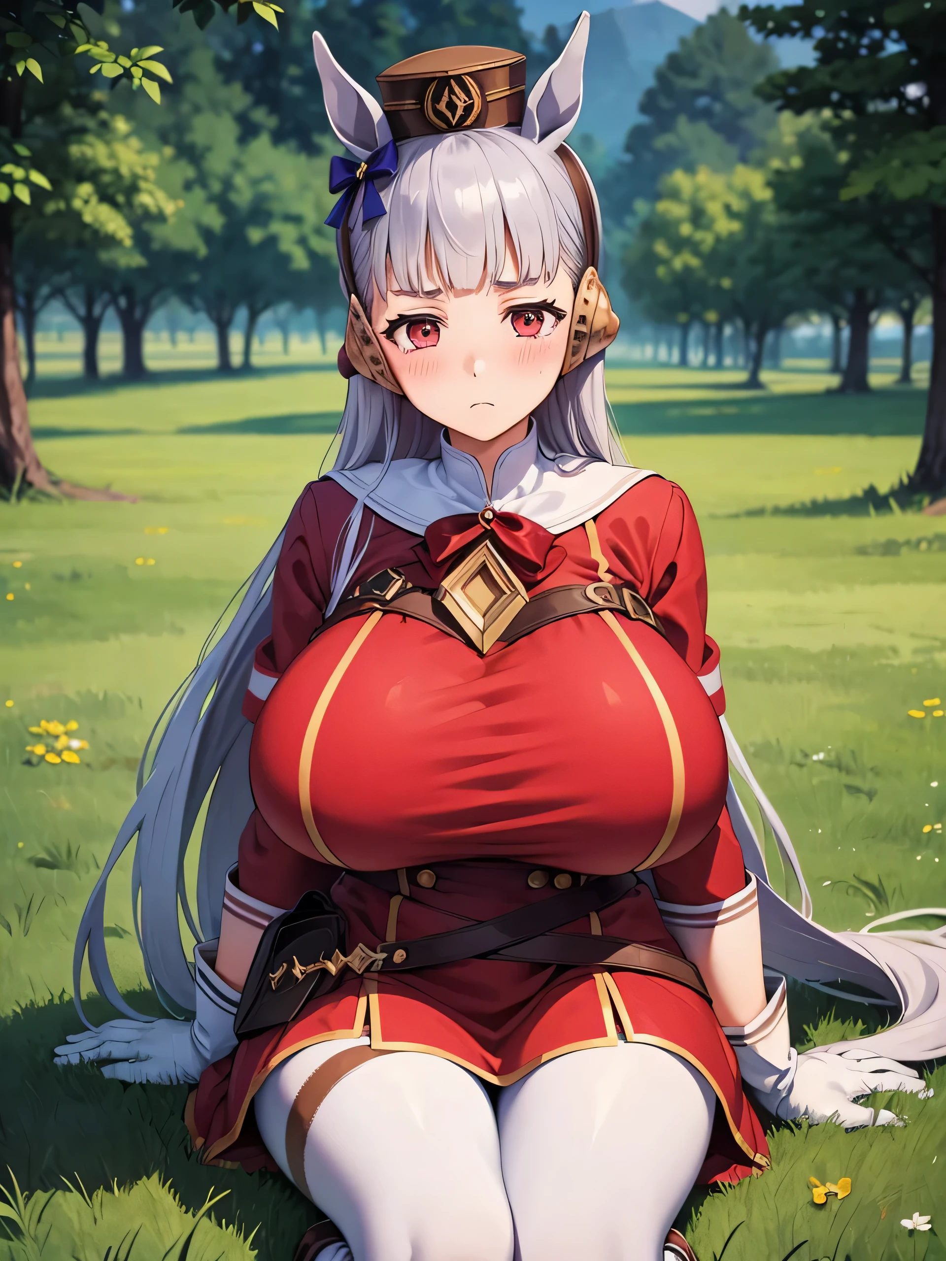 Dark color depiction、(masterpiece, highest quality:1.2), alone, One girl, umpd gold ship, pillbox hat, Red dress,No sleeve, White Pantyhose, White gloves、boots, Horse tail,、grassland、Nature、blush、Embarrassed、running、Feel the wind、summer、Cowboy Shot、sit、Upper body close-up、(Huge breasts:1.4)、Hide your chest