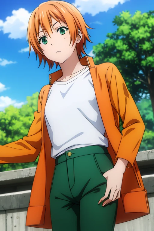 anime, detailed,short orange hair, green eyes, dark green pants, his green gakuran jacket