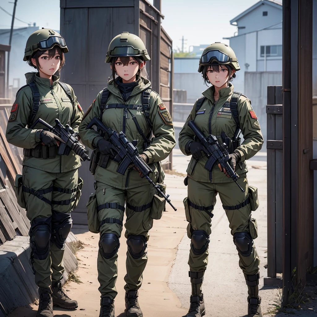 Three female soldiers wearing M-51 jackets、Wear a steel helmet、Wear goggles、Individual equipment set、Shooting at gunpoint、Show above thigh、Write details、masterpiece、best quality、Highly detailed CG、8K picture quality