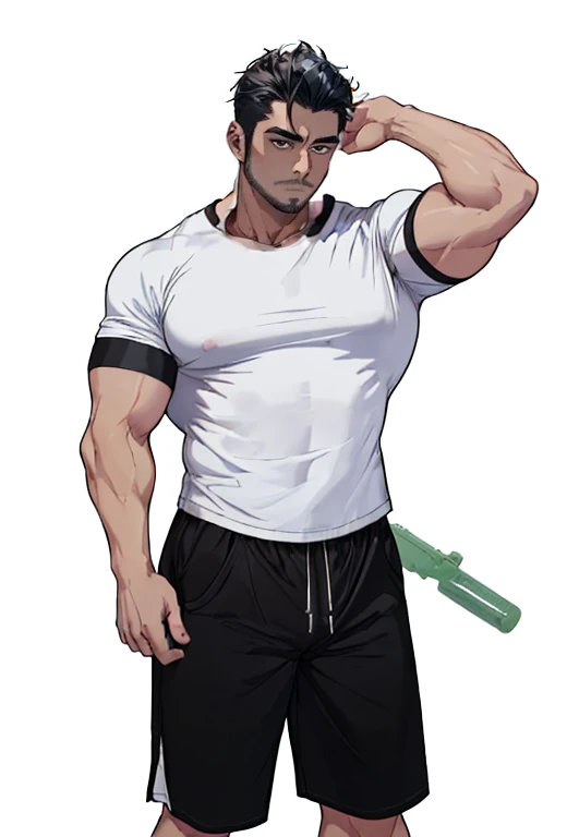 Full body image of Maki Zenin from Jujutsu Kaisen, full body in image, wearing her post-clan outfit (sleeves torn, harem pants), visible scars, short dark hair, female body, athletic and muscular body, dynamic pose, detailed pose, simple background, expressive face showing determination, focus on face, line art, sketch