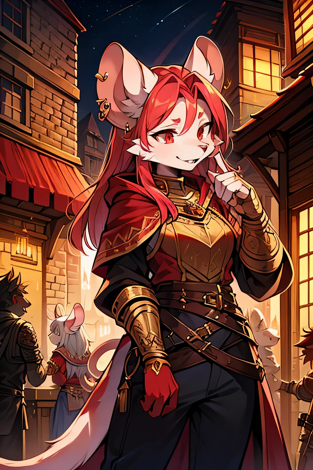 Detailed Picture Quality，Middle Age Historical Scene，Outdoor，Twilight，Red sky，Single Character，Ratfolk dnd, Rat-woman form，Girls outfit, Distinct armor，Red cloak with fur trimming，Holding crossbow firmly，Arbalest in hands，Tail and ears pierced with gold jewellery rings，Gold rings shiny and intricate，Dagger on belt，Curved blade glimmering，(Long fine whiskers:0.8), Rat ears pointed and fierce-looking，(Red beady eyes:0.5)，Tail long and sleek，(Gold tail jewelry: 0.7)， Detailed fur on, White fur, Red eyes