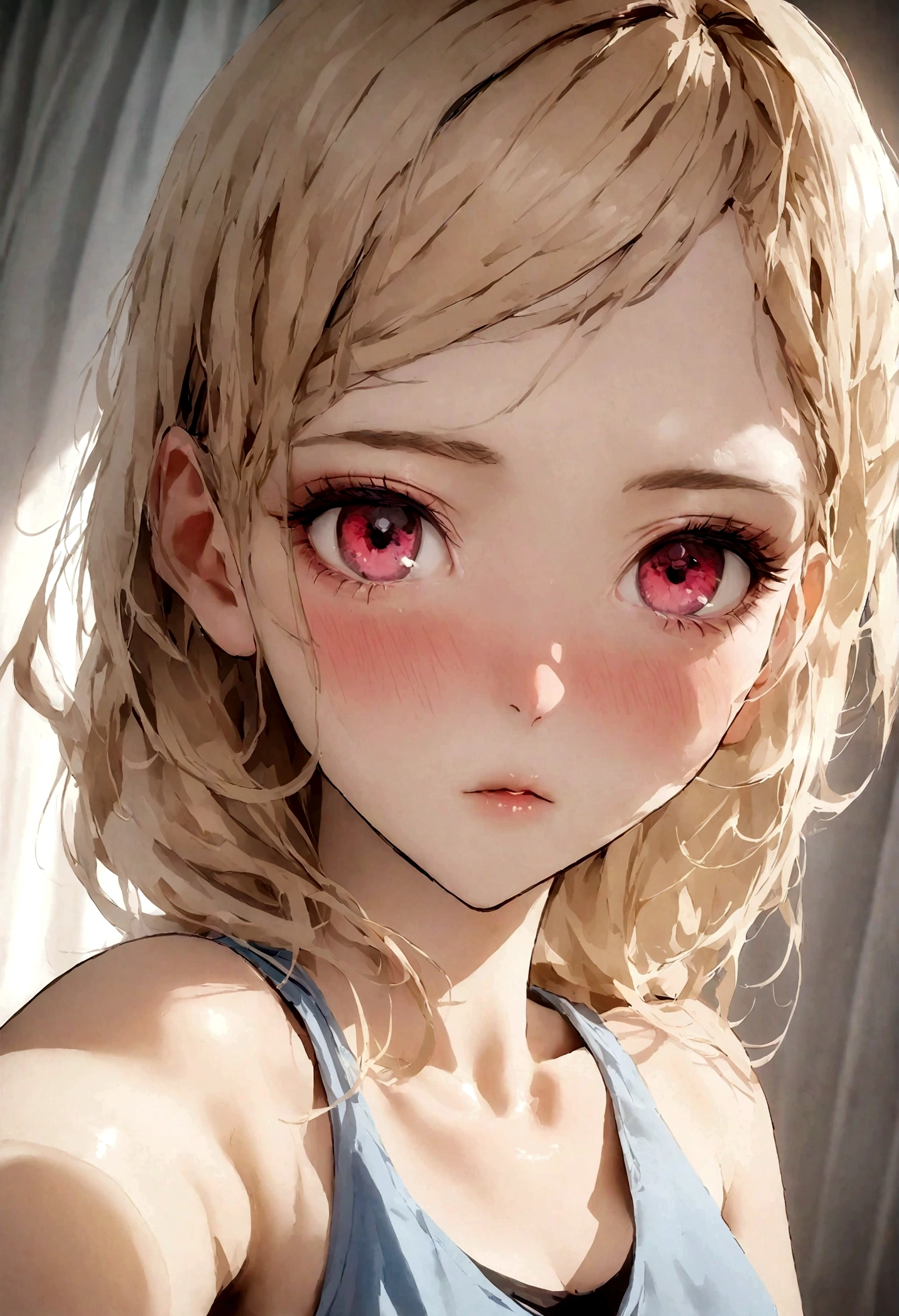 oman with matching tank top and panties, fille sexy aux yeux bleus, Portrait Sophie Mudd, Portrait de Corinna Kopf, cheveux blonds et grands yeux, selfie of a young woman, ohne Maquillage, maquillage naturel, Look directly into the camera, Visage avec Artgram, dezentes Maquillage, Superbe photo du corps entier, dans la chambre, gros seins, Blonde, Latin