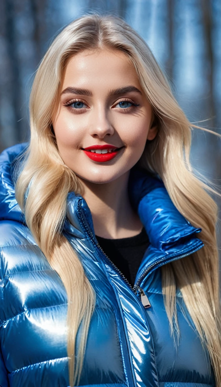 hyperrealistic beautiful busty 19-year-old woman with long legs wearing casual winter outfit with shiny blue vinyl puffer coat, model shooting full body photography, bleached blonde very long straight hair, soaky wet skin, dark eye makeup with eyeliner, seductive smile, red lips, 8K, Best quality, Meisterwerk, ultra high resolution, (Realismus: 1.4), Originalfoto, (realistische Hautstruktur: 1.3), (Filmkorn: 1.3), (Selfie-Winkel), 1 girl, Beautiful round hazel eyes and facial details, Meisterwerk, Best quality, outdoor photography
