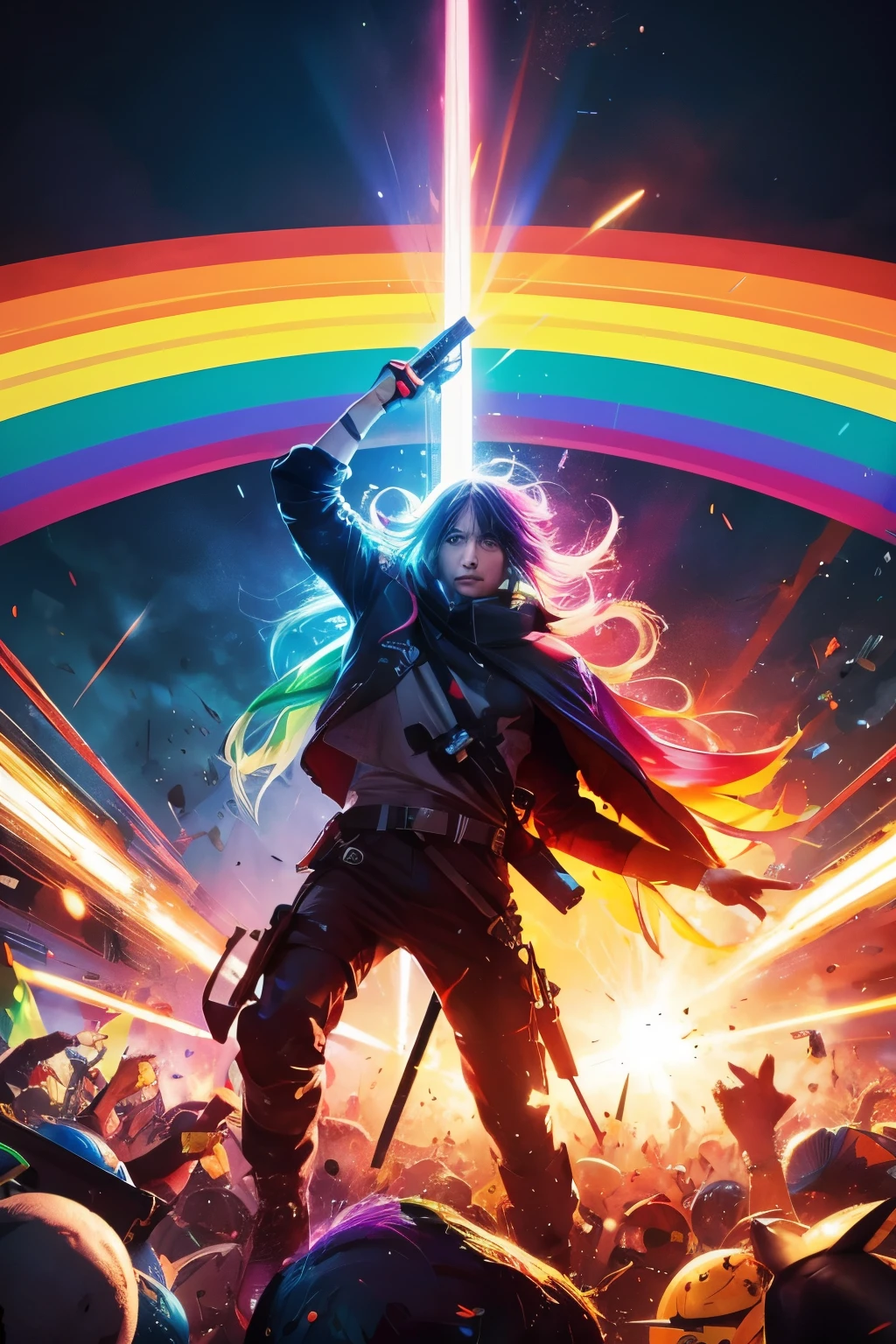 He has a rainbow sword, No Cyril Rowland's style, Captured light effects, Very colorful expression, Tatsuyuki Tanaka,, In colorful explosion style, Rainbow Core, Vibrant Energy, whole body, Flawed, everyone,, In colorful explosion style, Light leakage, Psychedelic Illustration, God's Rays, Rainbow Core, A mix of realistic and fantastical elements, Fada Academia --s 750 --niji 5