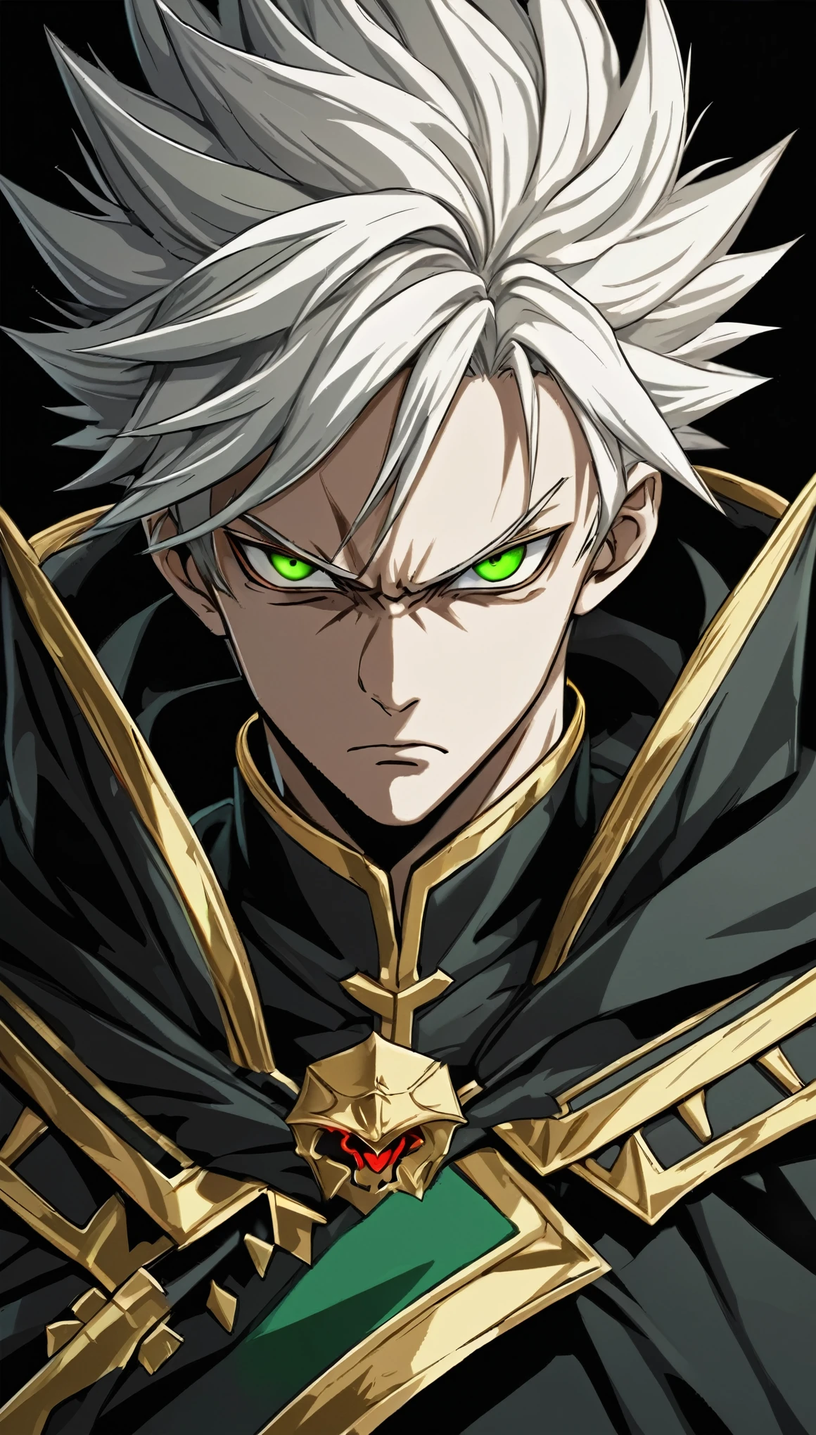 close-up of (Male anime characters:1.3), (Strong gaze:1.2), (Two-Tone eyes:1.3) One red and one green, spiky white hair, frown, (Serious expression:1.2), Shadow Face, (Black cloak with gold trim:1.1), High detail digital illustration, (Dark background:1.1), Anime style, strong facial features, Contrasting colors, focused demeanor,