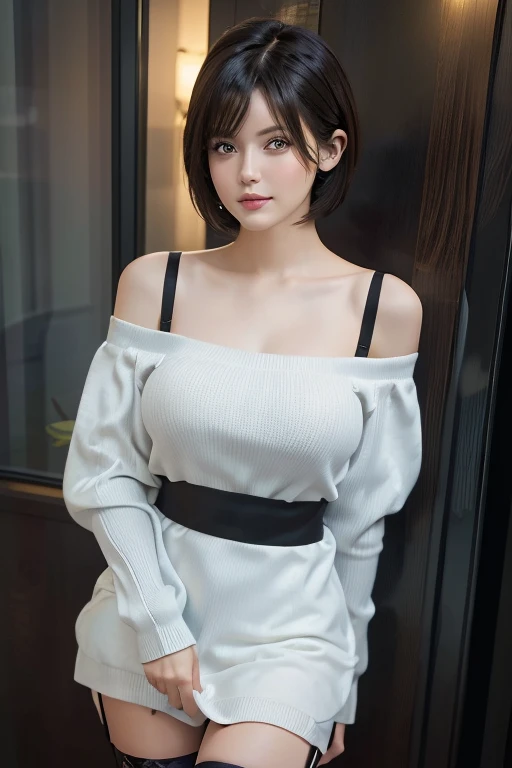 (masterpiece:1.3), (8k, photorealistic, RAW photo, best quality: 1.4), (1girl), beautiful face, (realistic face), (black hair, short hair:1.3), beautiful hairstyle, realistic eyes, beautiful detailed eyes, (realistic skin), beautiful skin, (sweater), absurdres, attractive, ultra high res, ultra realistic, highly detailed, golden ratio,whole body,nsfw,open clothes,Off-the-shoulder sheer nightie with matching garter belt,