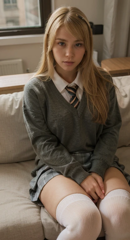 there is a blonde school girl on sofa in knee high socks ultra realistic 