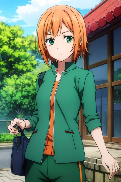 anime, detailed,short orange hair, green eyes, dark green pants, his green gakuran jacket