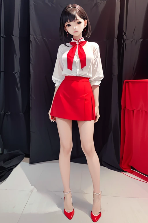 highest quality、masterpiece、High sensitivity、High resolution、Slim Body、Red mini skirt、white round collar shirt、Red pumps、