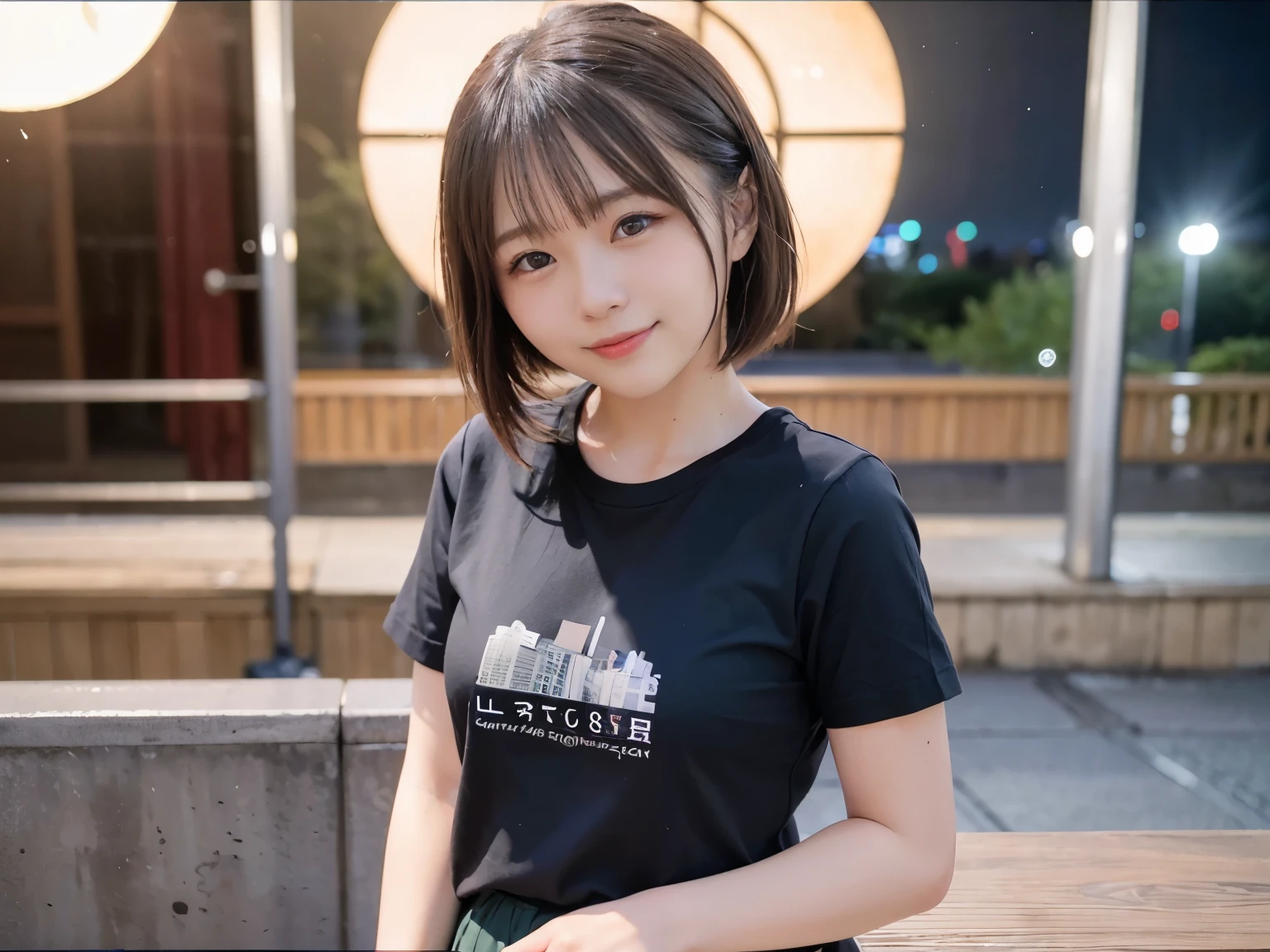 1 girl, Tokyo Street, night, Cityscape, City lights, Short-sleeved T-shirt,Pleated skirt, smile, (8k, RAW Photos, highest quality, masterpiece: 1.2), (Genuine, photoGenuine: 1.37),Short Hair、Shortcuts,smile,Idol,