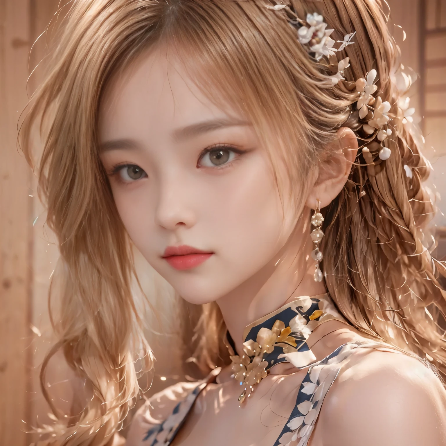 (8K)、(Best image quality:1.5)、gray background、face close up、1girl、masterpiece、Delicate and sharp eyes、brown eyes、power of eyes、delicate face、cup、fascinating face、platinum blonde hair、Half length wave、chinese cheongsam、white cheongsam、Chinese dress that exposes the collarbone、female、collarbone emphasis、earring、necklace、