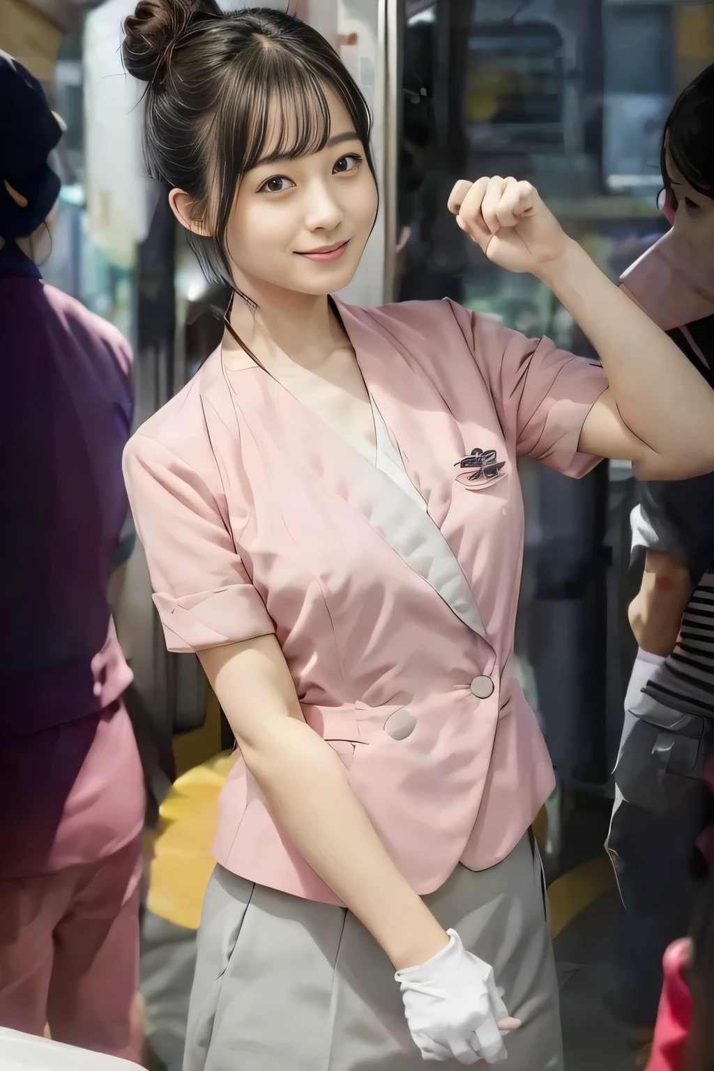 (masterpiece:1.2, highest quality:1.2), 32K HDR, High resolution, (alone、1 girl)、（On the rooftop of a building in the daytime、Professional Lighting）、Building rooftop background、（Nankai train crew uniform pinkを着たリアルスタイル）、（Nankai train crew uniform pink short sleeve pink jacket、Nankai Train Crew Uniform Pink Collarless Short Sleeve Blouse、Nankai Train crew uniform pinkのグレー色のキュロットスカート）、Dark brown hair、（Hair tied up、Hair Bun、Hair Bun）、Dark brown hair、Long Shot、Big Breasts、Thin legs、（（Great hands：2.0）），（（Harmonious body proportions：1.5）），（（Normal limbs：2.0）），（（Normal finger：2.0）），（（Delicate eyes：2.0）），（（Normal eyes：2.0））)、smile、（Nankai Train crew uniform pinkのグレー色のキュロットスカートを見せた美しい歩く姿）、Put your hands up