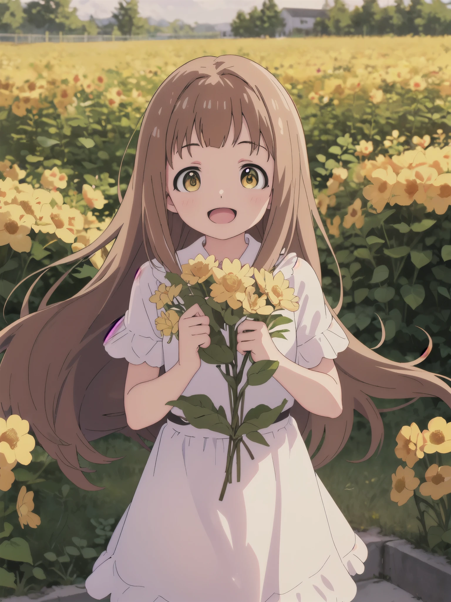 highest quality, masterpiece, High resolution, alone, Brown Hair, Long Hair, Brown eyes, smile, , Yellow Eyes, One girl, Watching the audience, :d, Outdoor,Flower Field,White Dress,